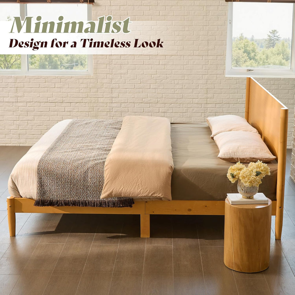 AMERLIFE Solid Wood King Size Bed Frame, Mid Century Modern Platform Bed with Full Panel Headboard, Noise-Free & Cylindrical Legs, No Box Spring Needed, Under-Bed Storage, Natural Wood