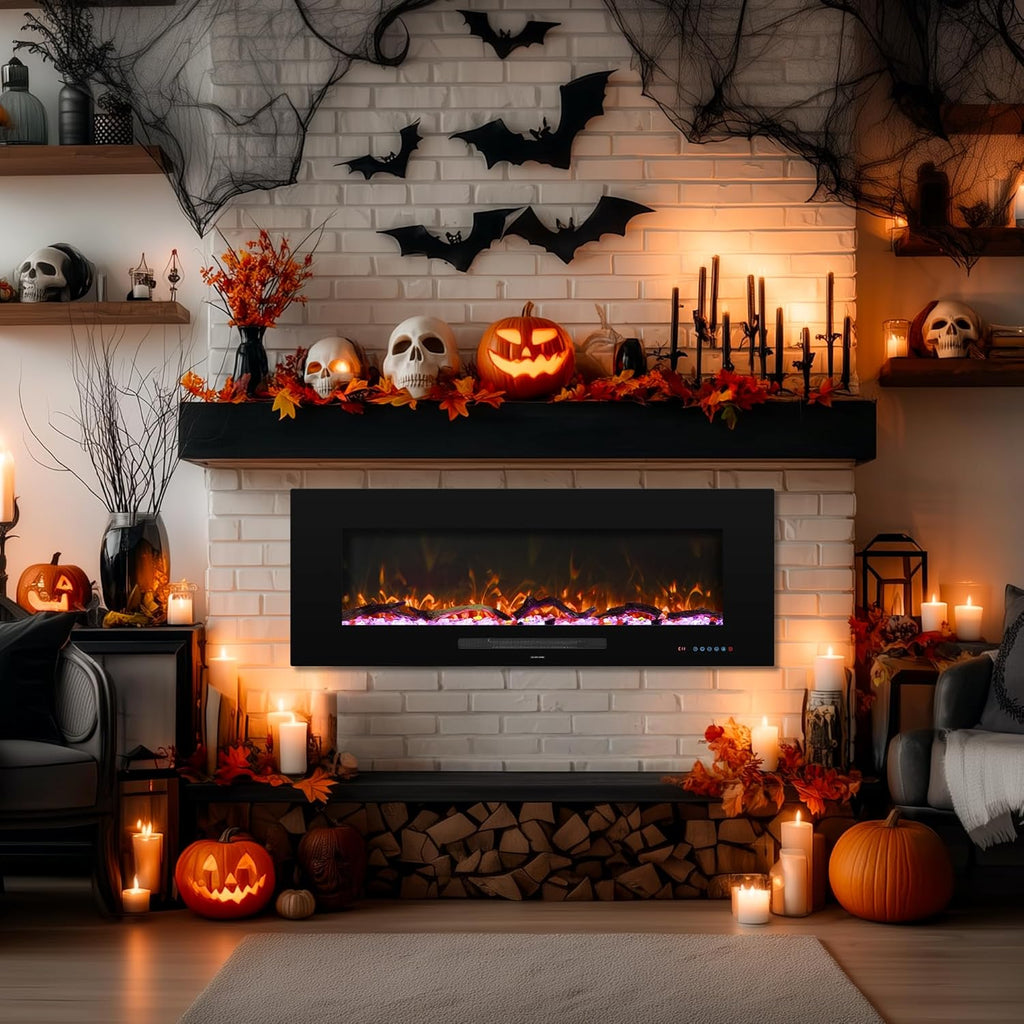 72inch Electric Fireplace in Wall Recessed and Wall Mounted Fireplace Electric, 13 Flame Colors, Realistic Logs & Crystals Fuel Bed, Adjustable Temperature and Timer, 750W/1500W, Black