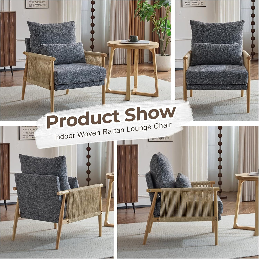Karl home Cozy Chenille Accent Chair with Lumbar Pillow & Rattan Arms Modern Lounge Chair for Living Room, Bedroom, Reading Nook, Dark Gray