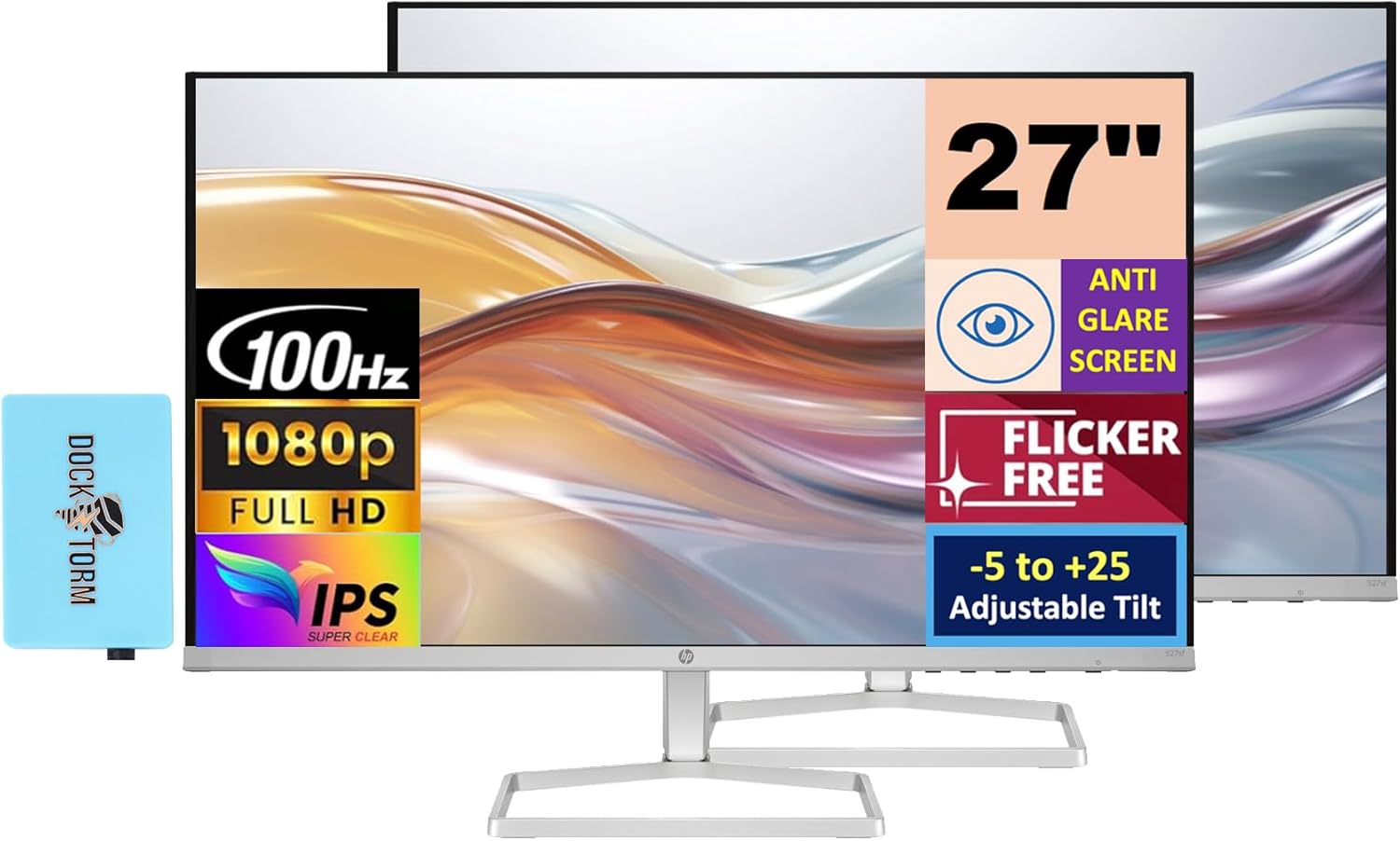 HP Series 5 527sf Monitor (Replaces Model M27h) 94F44AA#ABA w/Docztorm Dock  27" FHD IPS  2x HDMI  1x VGA  3-Sided Micro-Edge Bezel  Ideal for Home & Business  Black/Silver (2026 Latest Model  2 Pack)