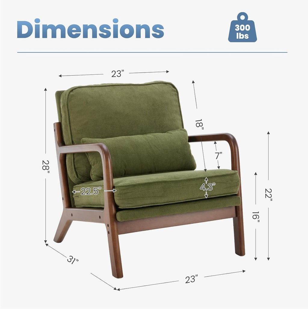 DUMOS Mid Century Accent Chair, Modern Living Room Chairs with Arms and Waist Cushion, Reading Chairs for Adults, Lounge Chair for Bedroom, Solid Wooden Frame, Classic Green