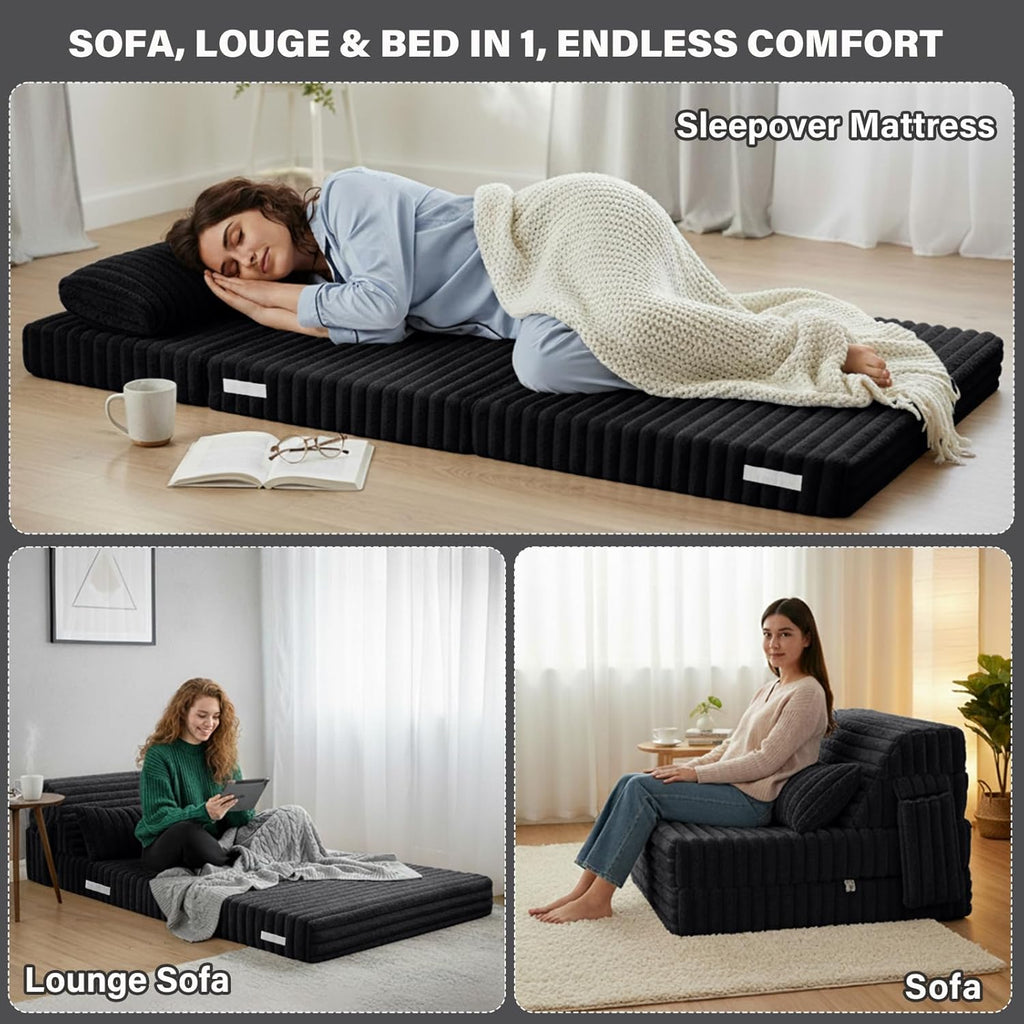 Tiita Folding Sofa Bed Twin Size, Convertible Sleeper Chair Mattress with Pillow, Thick Corduroy Floor Mattress Couch Bed with Side Pocket, Guest Room, Dorm, Apartment, Balck