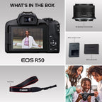 Canon EOS R50 Mirrorless Camera RF-S18-45mm F4.5-6.3 is STM Lens Kit  24.2 Megapixel CMOS (APS-C) Sensor  4K Video  Hybrid Camera  Photo and Video  Vlogging  Content Creator  RF Mount  Black