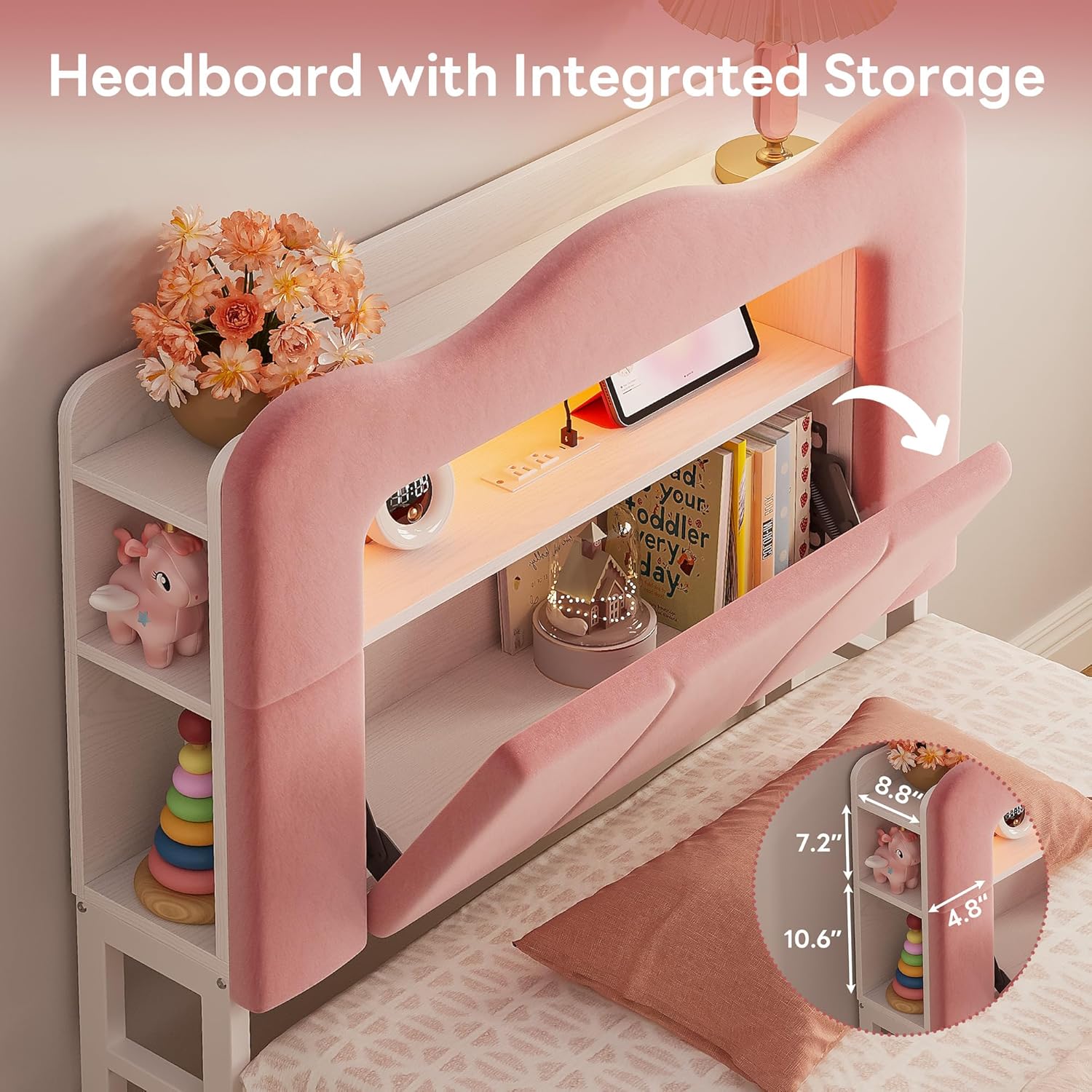 LIKIMIO Twin Upholstered LED Bed Frame with 2 Storage Drawers and Bookcase Storage Headboard, Velvet Princess Platform Bed with Charging Station, Heavy Duty Metal Support, No Box Spring Needed, Pink