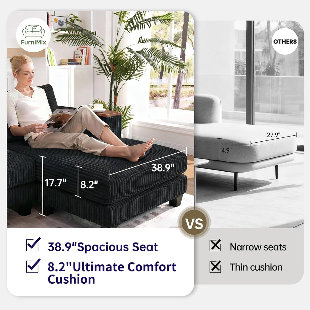 114.5" Corduroy Sectional Sofa with Armrest Storage & Reversible Chaise, Comfy L Shaped Sofa 4 Seat Sectional Couch, Modern Upholstery Couch with Removable Covers, for Living Room, Apartment, Black
