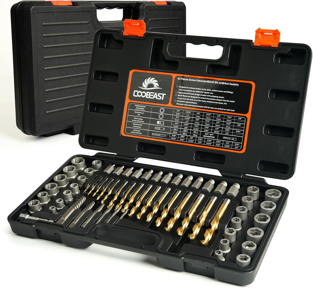 Coobeast 62Pcs Screw Extractor Set with Left Hand Drill Bit, Bolt Extractor Kit Heavy Duty, Easy Out Extractor Socket Set for Broken Nuts Bolts, Stripped Screw Remove with Portable Case