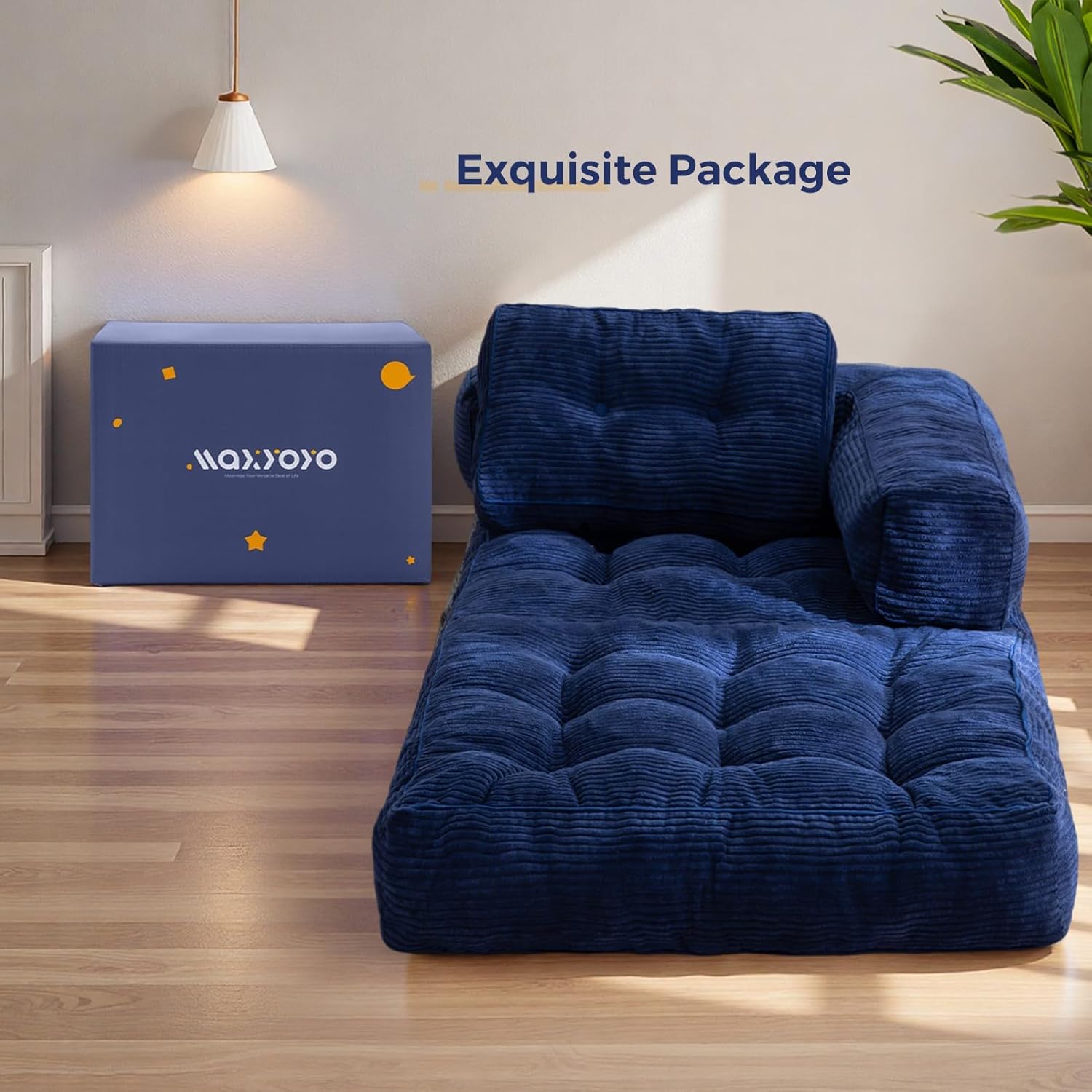 MAXYOYO Folding Sofa Bed, L-Shaped Convertible Sofa Bed with Armrest Foldable Sleeper Sofa with Pillow, Portable Fold Out Chair Bed Comfy Floor Lounge for Living Room Bedroom, Navy