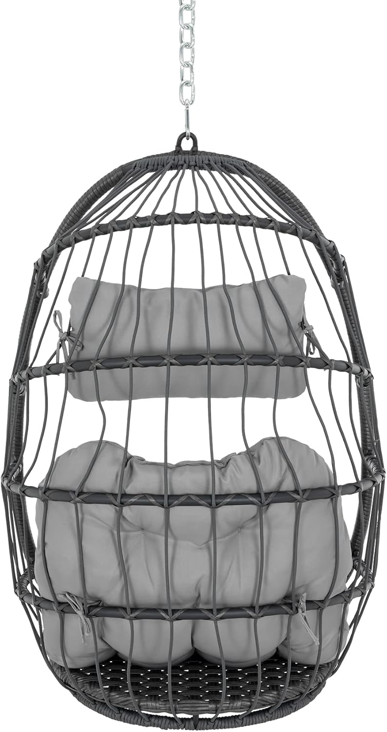 Yechen Swing Egg Chair Without Stand Indoor Outdoor, Foldable Wicker Rattan Hanging Egg Chairs Hammock Egg Basket Chair with Aluminum Frame & UV Resistant Cushions for Bedroom Patio Porch