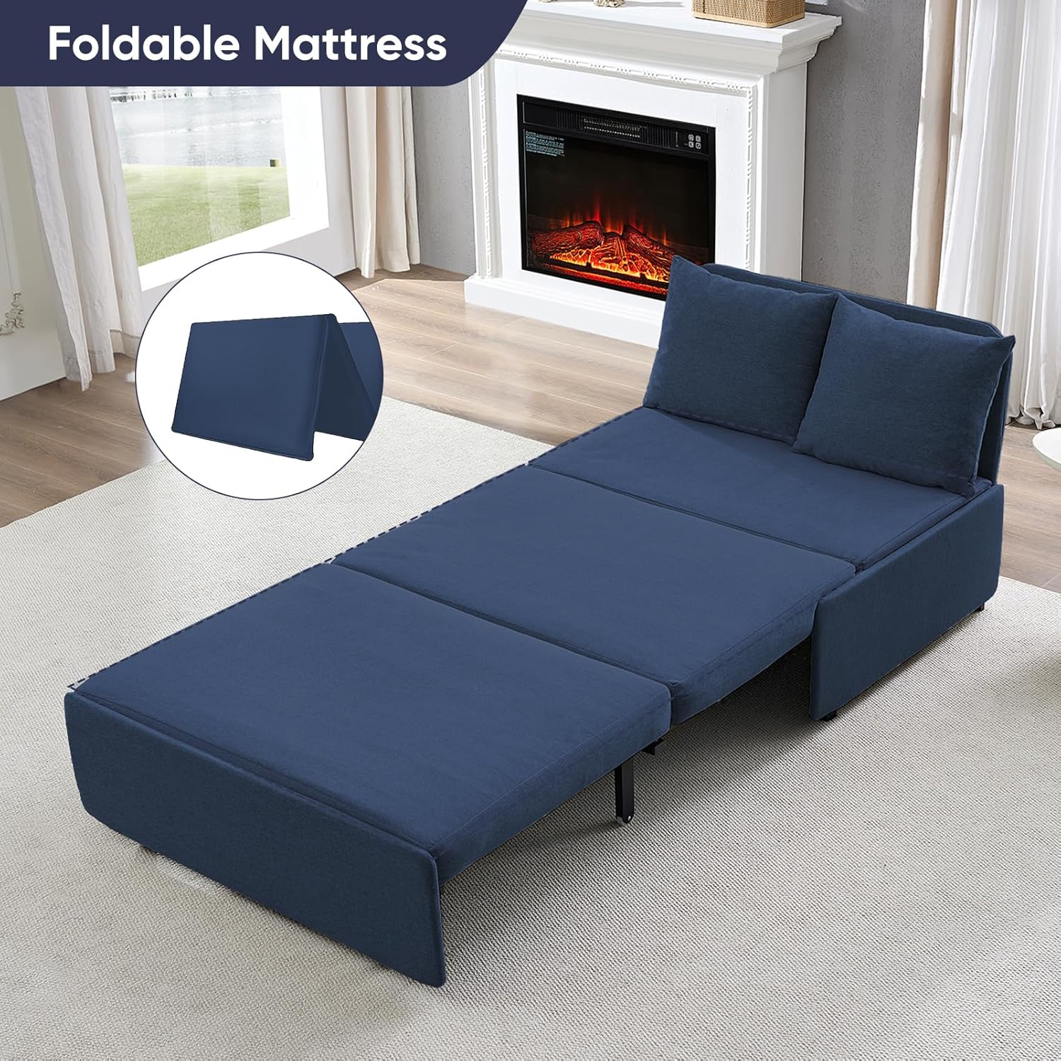 ijuicy 3 in 1 Twin Size Pull Out Sofa Bed Linen Sleeper Sofa with Pullout Bed, Convertible Loveseat Couch Beds with Pillows and Tri-fold Mattress for Small Space Apartment, Dark Blue