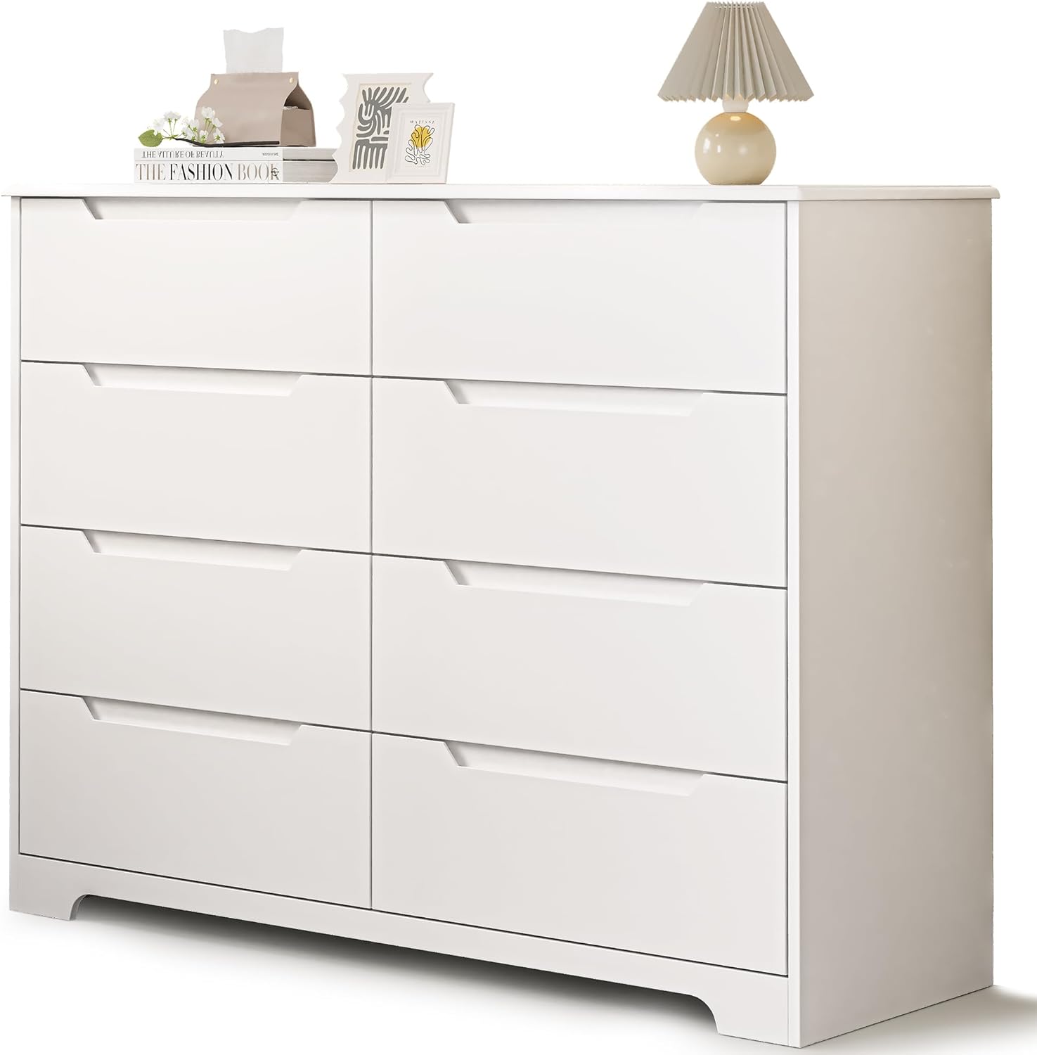 Gizoon 8 Drawer Dresser, 47" Wide White Dresser for Bedroom with Cut-Out Handles, Modern Wooden Chest of Drawers with Anti-Tip Kit, for Living Room, Hallway, Entryway, Home Office