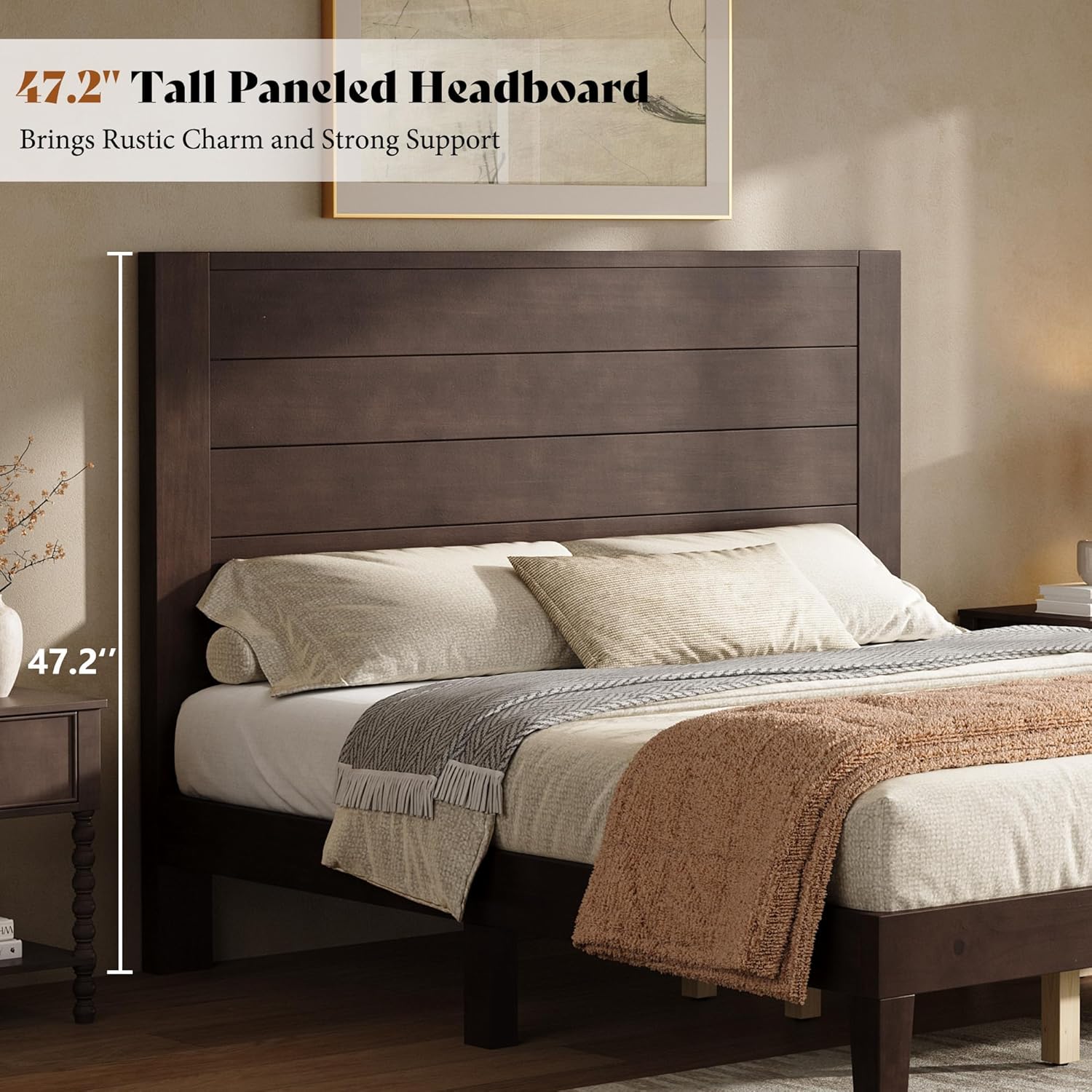 AMERLIFE King Sizes Solid Wood Bed Frame with 48" Headboard, Mid Century Modern Platform Bed with Silent Wood Slat System, No Box Spring Needed, Under-Bed Storage, Walnut