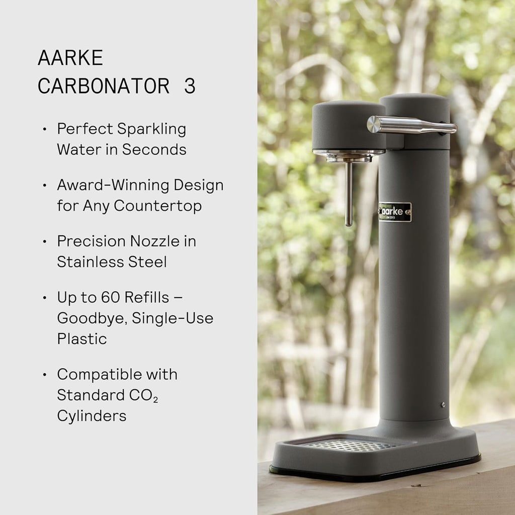 Aarke Carbonator lll with CO2 Cylinder, Sparkling & Carbonation Water Machine, Stainless Steel with PET BPA-Free Reusable Bottle Volume 1L/34 fl oz (Matte Grey)