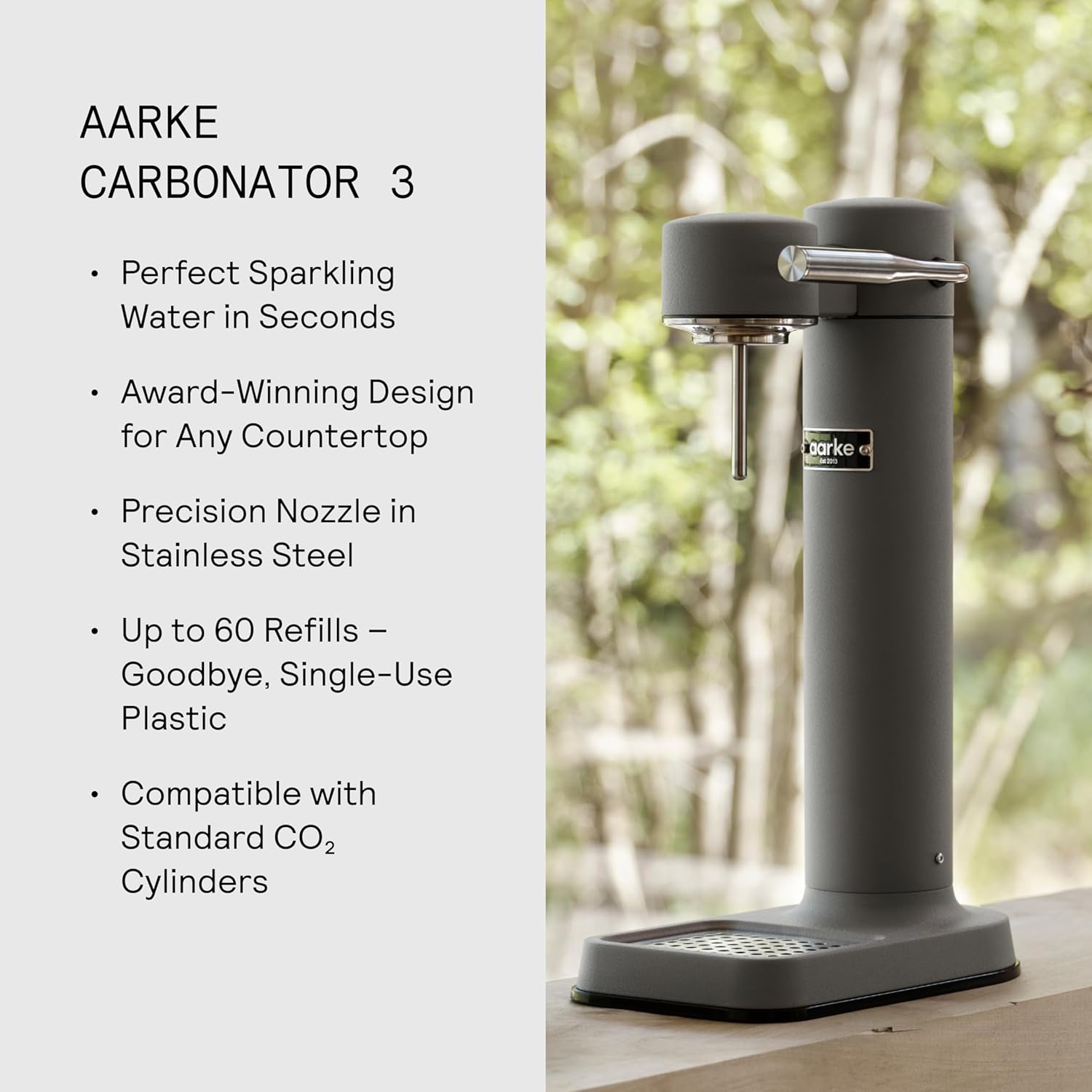 Aarke Carbonator lll with CO2 Cylinder, Sparkling & Carbonation Water Machine, Stainless Steel with PET BPA-Free Reusable Bottle Volume 1L/34 fl oz (Matte Grey)