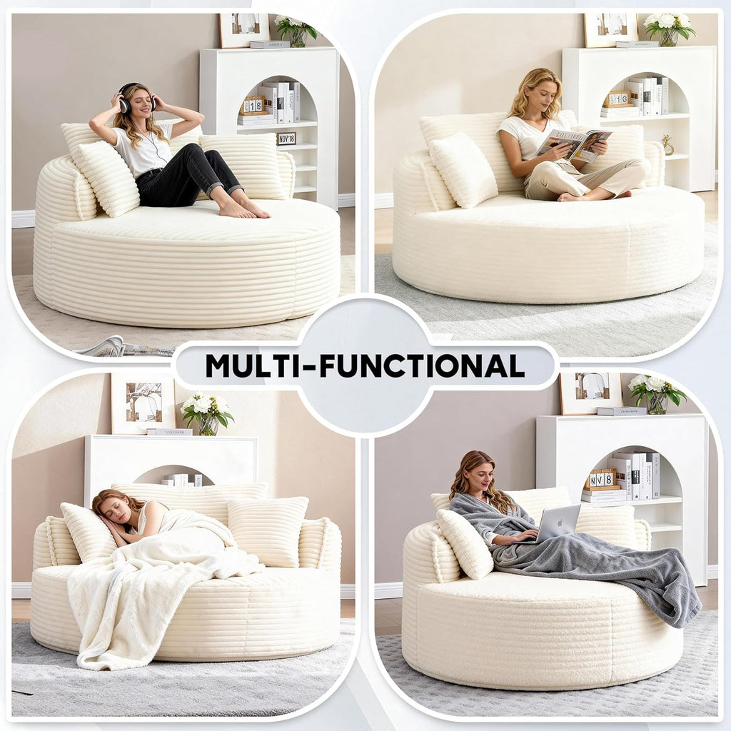Oversized Round Chair Lounge Chaise Indoor, 53.5" Upholstered Corduroy Deep Seat Single Cloud Sofa Chair, Fluffy Modern Large Circle Boneless Sleeper Sofa for Living Room, Bedroom, Beige White
