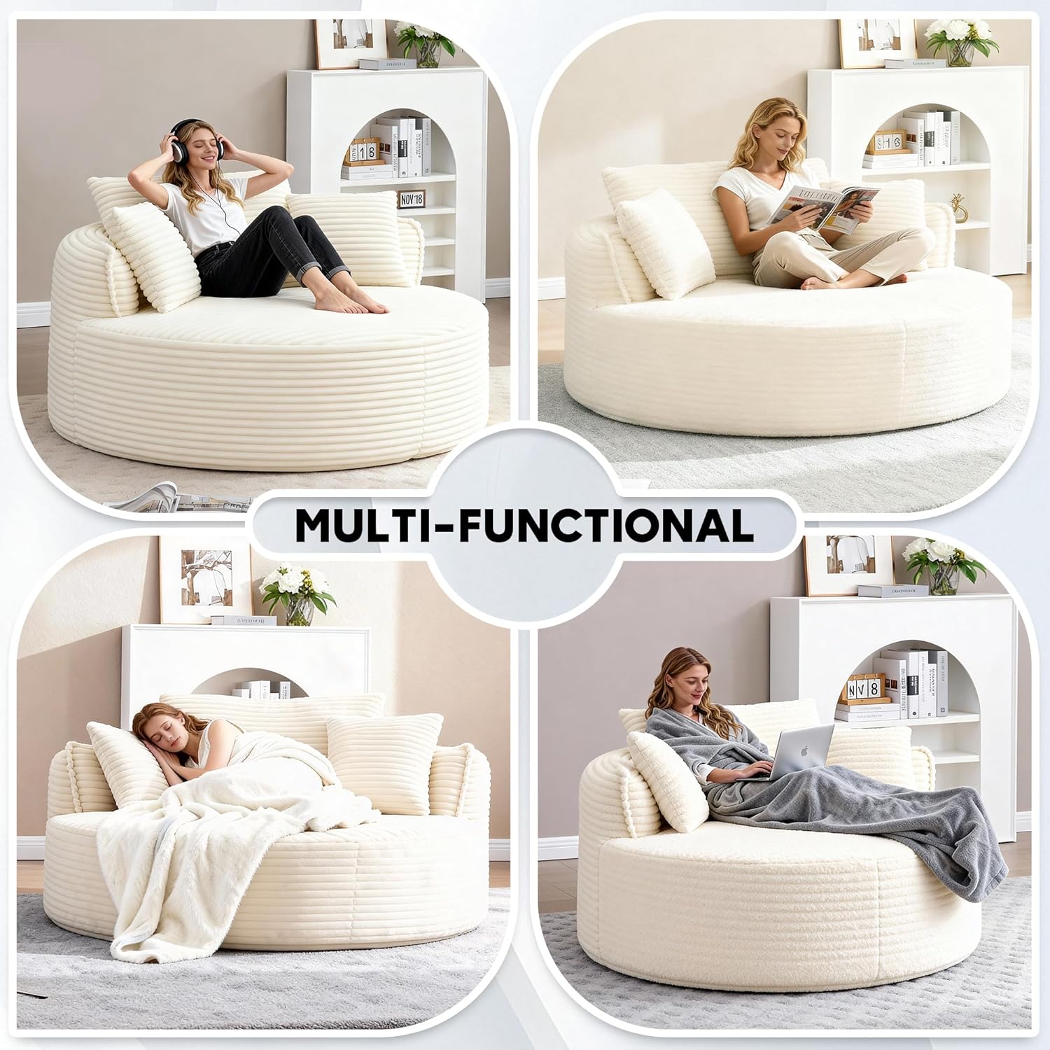 Oversized Round Chair Lounge Chaise Indoor, 53.5" Upholstered Corduroy Deep Seat Single Cloud Sofa Chair, Fluffy Modern Large Circle Boneless Sleeper Sofa for Living Room, Bedroom, Beige White