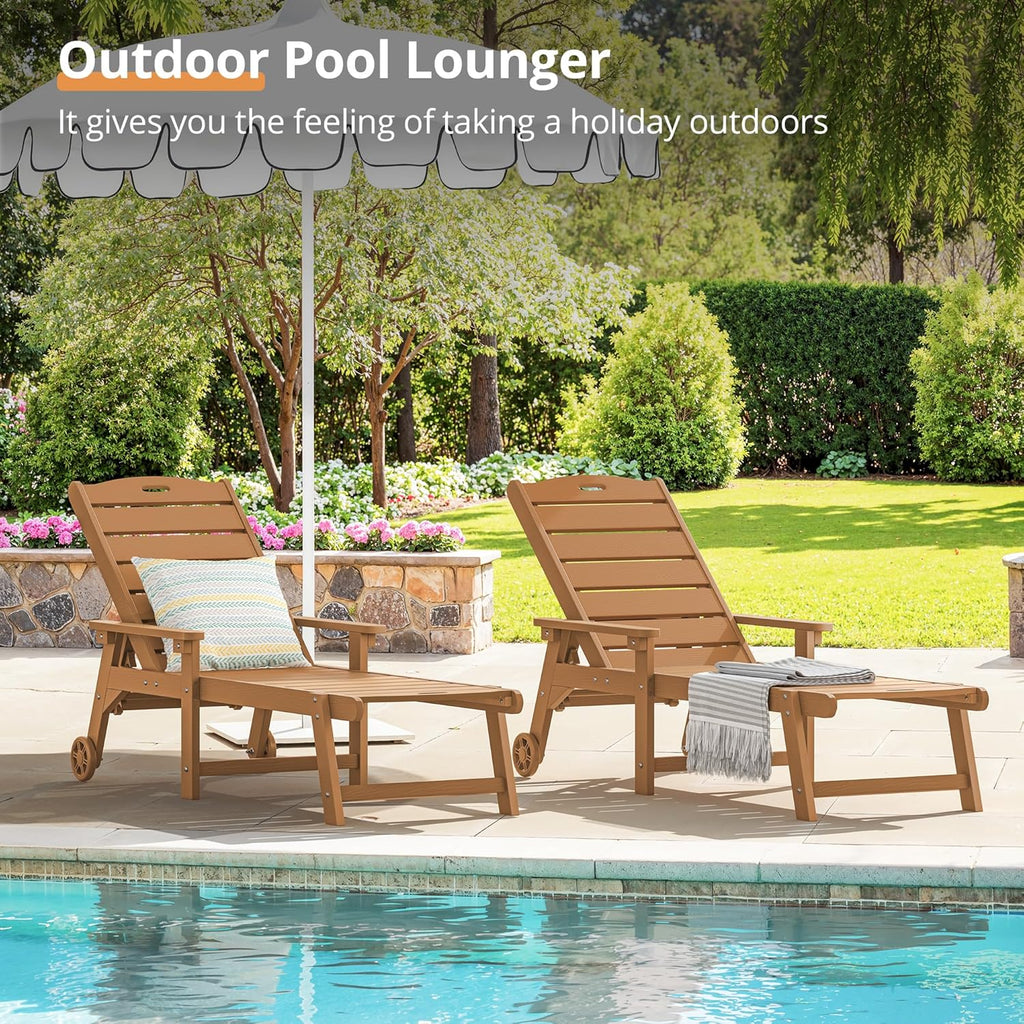 LUE BONA Outdoor Chaise Lounge Chairs Set of 2  HDPS Chaise Lounger  5 Positions Adjustable Lounge Chairs  Pool Lounge Chair with Wheels for Poolside  Patio  Restaurant  3 Year Warranty  Teak Color