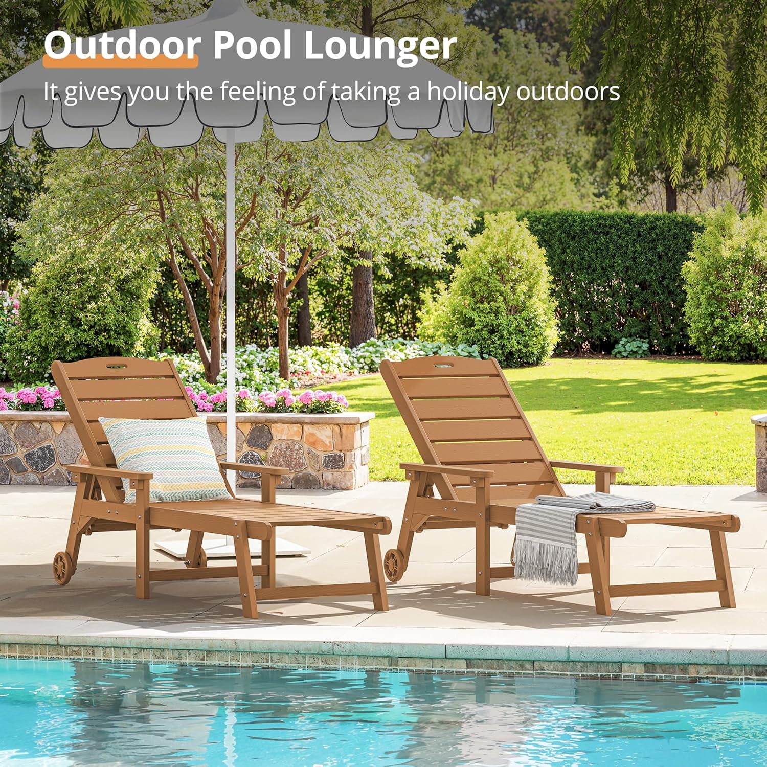 LUE BONA Outdoor Chaise Lounge Chairs Set of 2  HDPS Chaise Lounger  5 Positions Adjustable Lounge Chairs  Pool Lounge Chair with Wheels for Poolside  Patio  Restaurant  3 Year Warranty  Teak Color