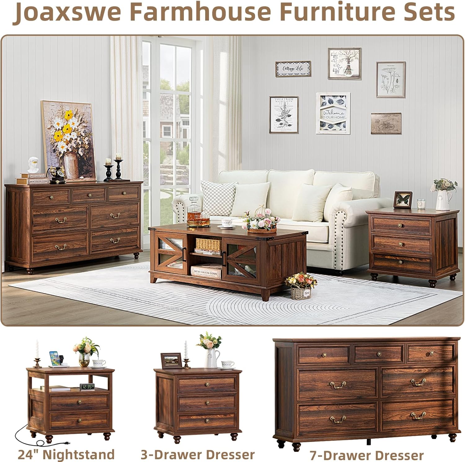 Farmhouse Dresser and Nightstand Set - 3 Piece, 54" Wide Dresser and 24" Nightstands for Bedroom, Living Room, Hallway