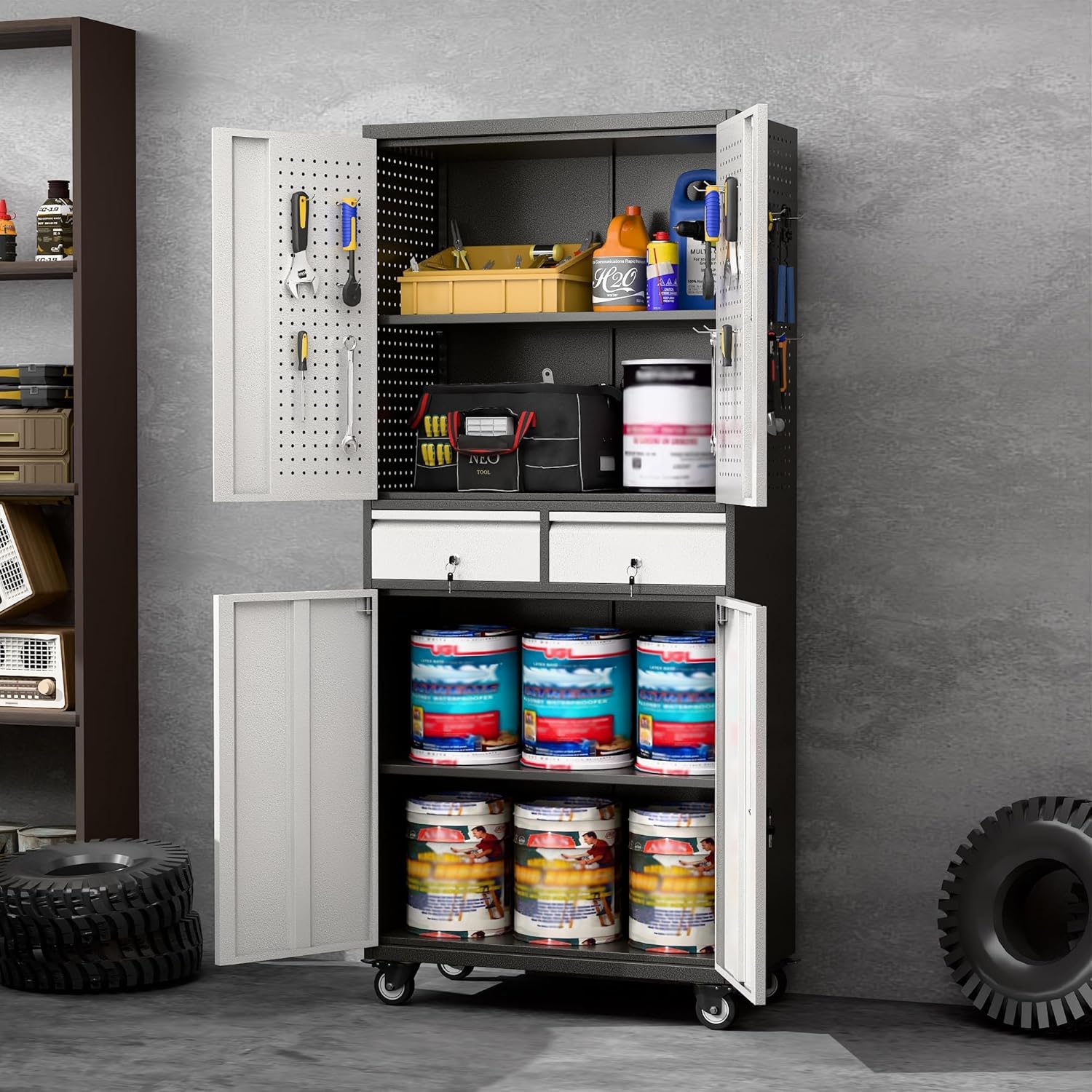 Aobabo 71" H 2 Drawer Metal Storage Cabinet with Wheels and 4 Pegboards,Lockable Steel Garage Storage Cabinet with 2 Adjustable Shelves,Black Sliver,Assembly Required