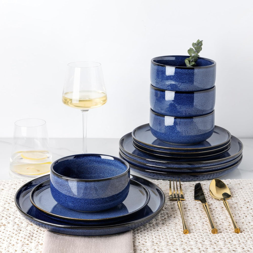 TheTerra Ceramic Dinnerware Sets for 4, 12 Pieces Handmade Reactive Glaze Plates and Bowls Set, Scratch Resistant Dish Set, Oven & Microwave & Dishwasher Safe, Blue