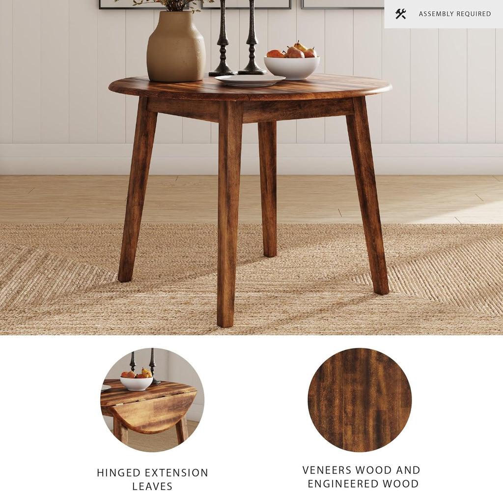 Signature Design by Ashley Berringer Dining Room Round Drop Leaf Table, Rustic Design, Seats 4, Hinged Extension Leaves, Small Space Solution, 42" W x 42" D x 30.63" H, Rustic Brown