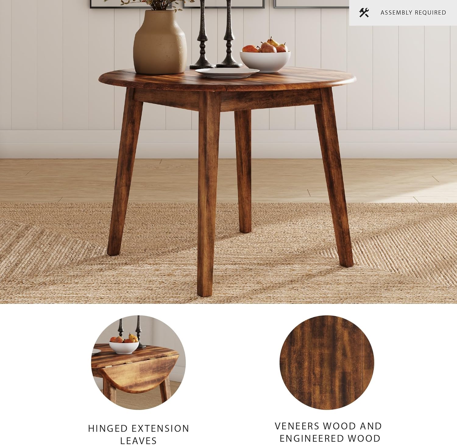 Signature Design by Ashley Berringer Dining Room Round Drop Leaf Table, Rustic Design, Seats 4, Hinged Extension Leaves, Small Space Solution, 42" W x 42" D x 30.63" H, Rustic Brown