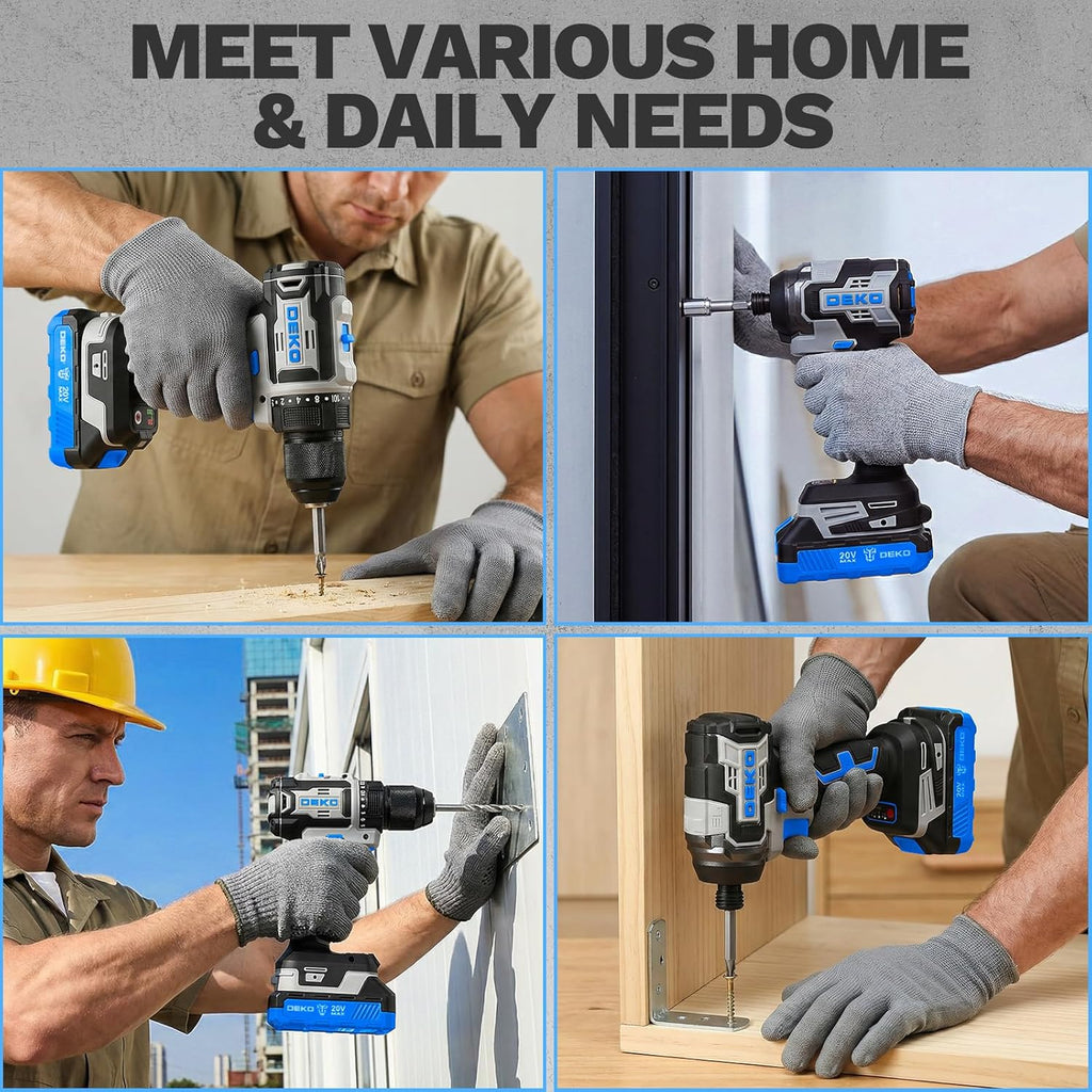 Cordless Drill & Impact Driver: DEKOPRO 20V Brushless Power Drill and 20V Brushless Impact Driver Set, Power Tool Set with 2 x 2.0Ah Batteries, Charger, Bag& 52 x Accessories-Blue
