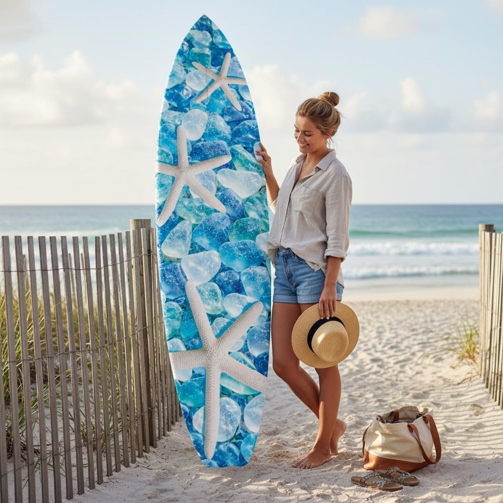 Starfish and Seaglass Decorative Surfboard, Blue Ocean Theme, Premium PVC, Indoor Outdoor Safe, CNC Machine Cut, Made in USA