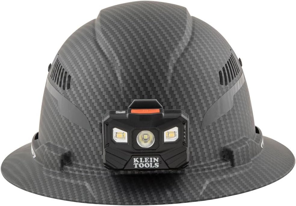 Klein Tools 60347 Hard Hat, Vented Full Brim, Class C, Premium KARBN Pattern, Rechargeable Lamp, Padded Sweat-Wicking Sweatband, Top Pad