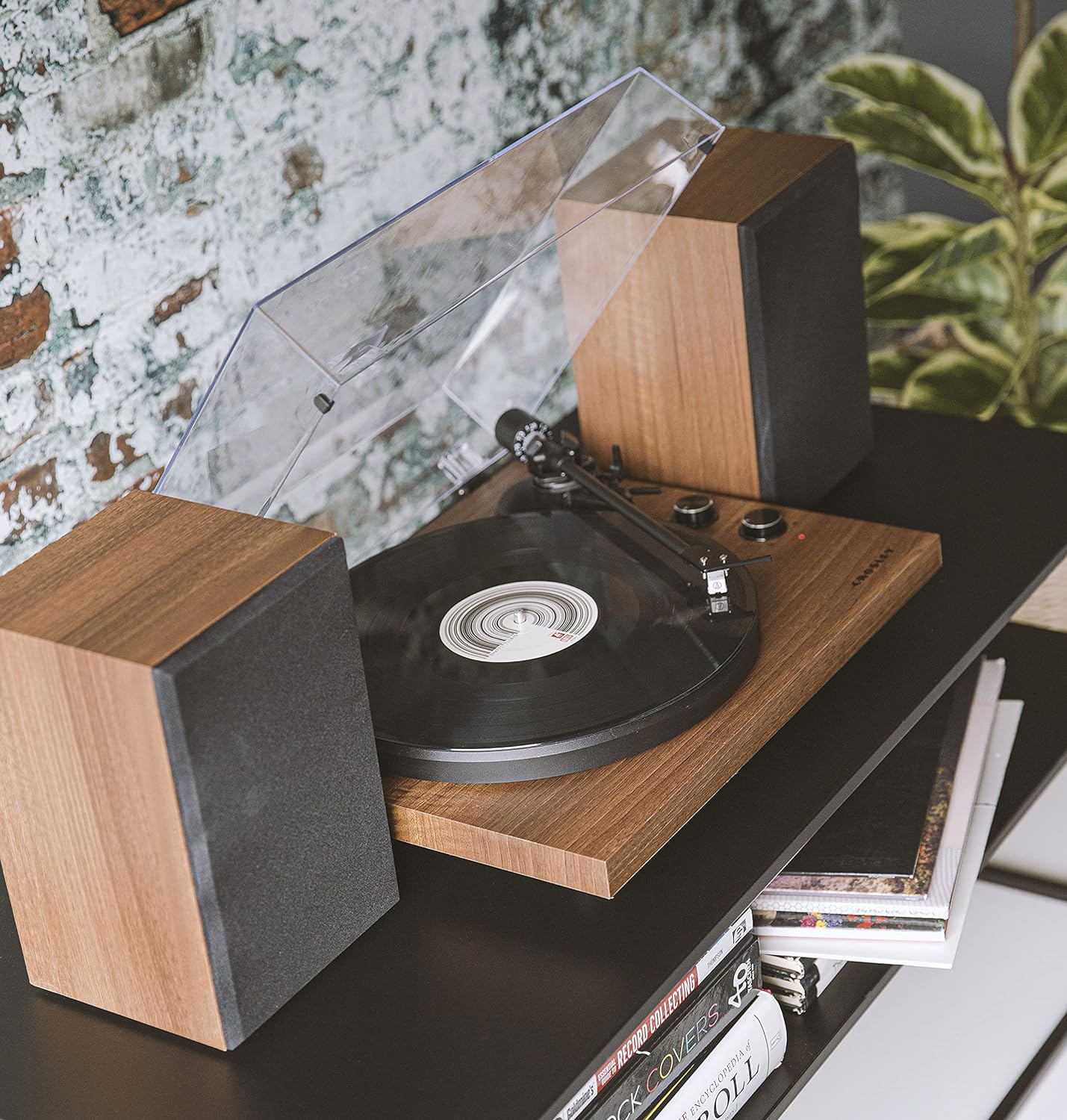 Crosley C62C Turntable HiFi System Record Player with Speakers  Adjustable Tonearm  Moving Magnet Cartridge  Bluetooth Receiver  40W Per Channel  and Anti-Skate  Walnut