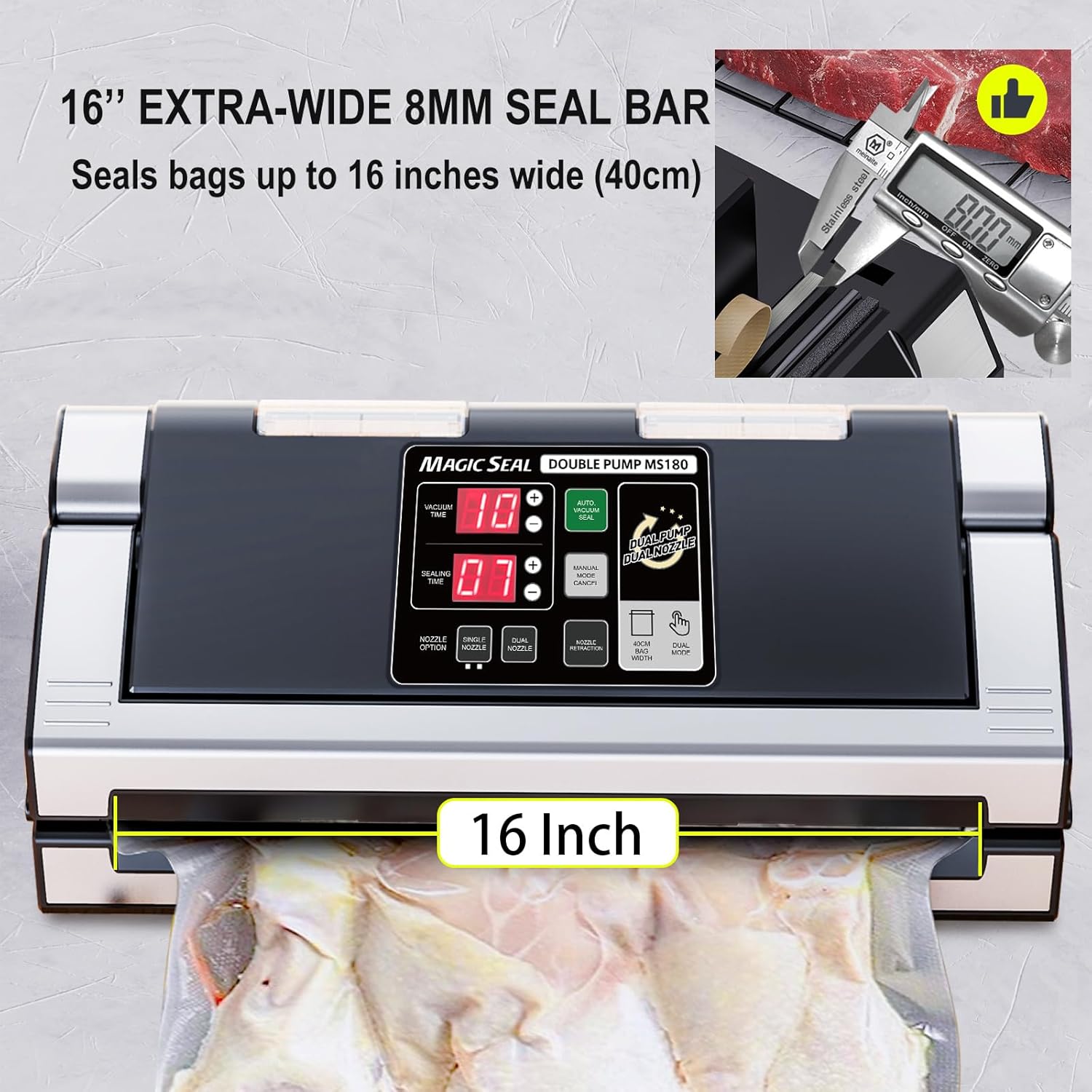 MAGIC SEAL 16-Inch Nozzle Vacuum Sealer for Food Storage - Works with Mylar & Smooth/Non-Textured Bags, No Textured Bags Needed, 250W, 8mm Extra-Wide Seal - MS180