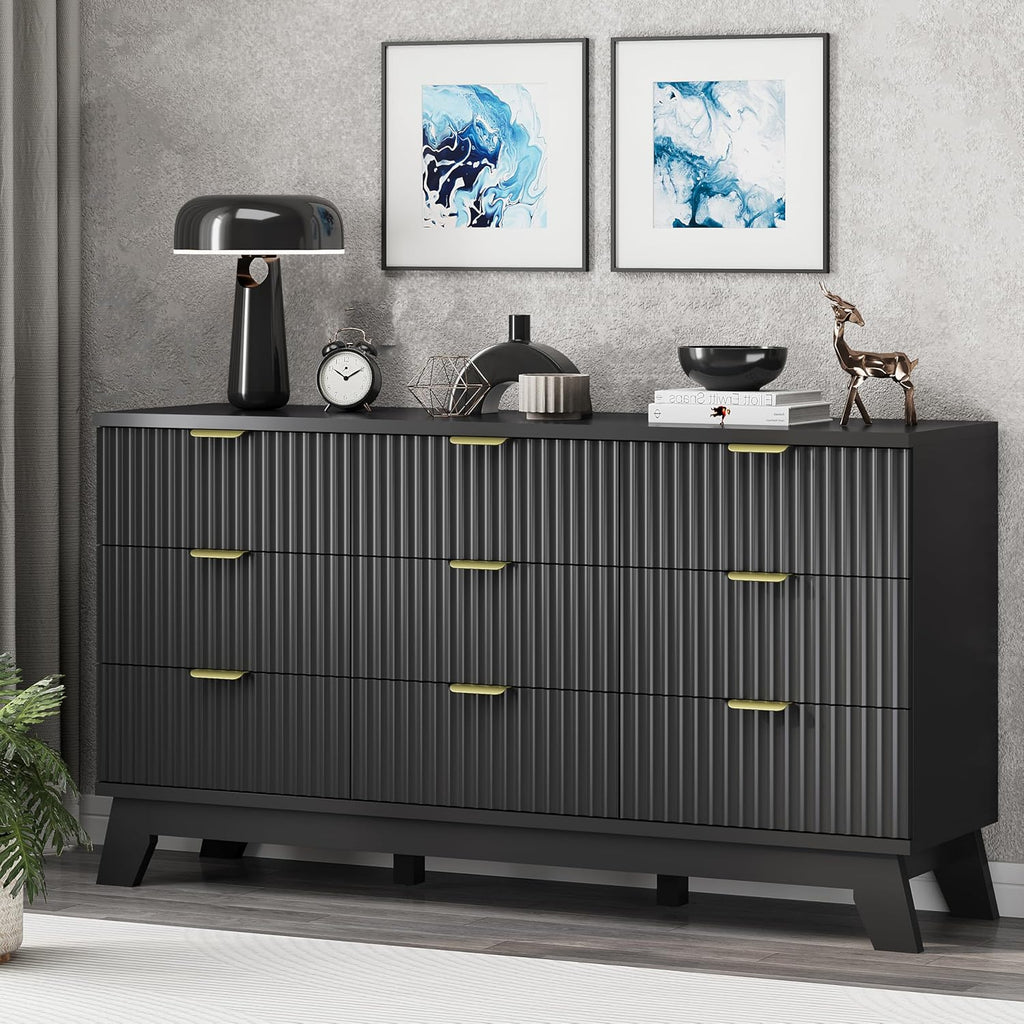Fluted Dresser for Bedroom with 9 Drawers, 57" Wide Chest of Drawers with Metal Handle, Modern Wood Dresser TV Stand, Wooden Closet Clothes Storage Organizer for Living Room, Hallway, Black