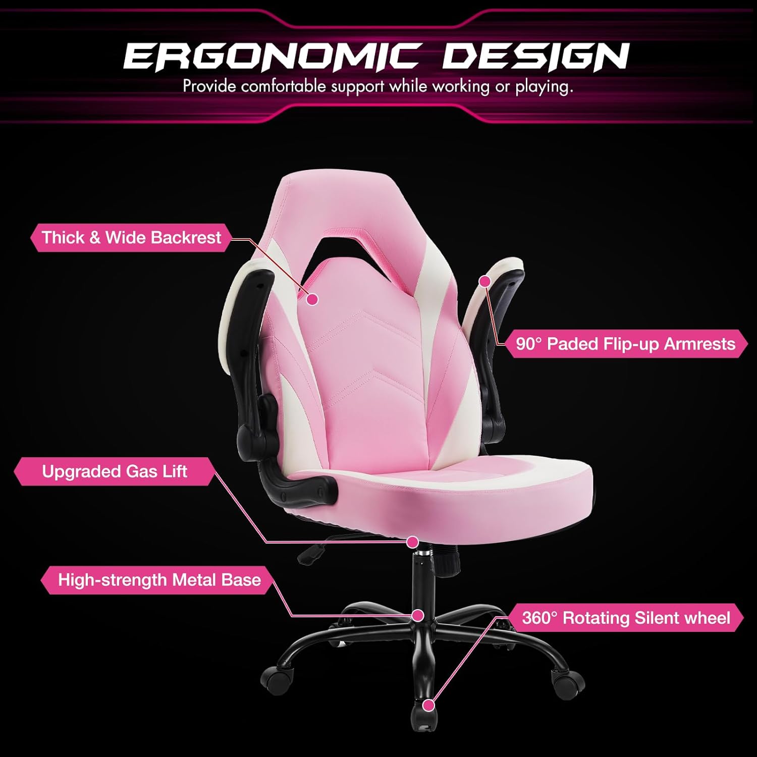Sweetcrispy Computer Gaming Desk Chair - Ergonomic Lumbar Support Executive with PU Leather and Flip-up Armrest, Height Adjustable with 360° Swivel Wheels, Pink White, for Home and Office