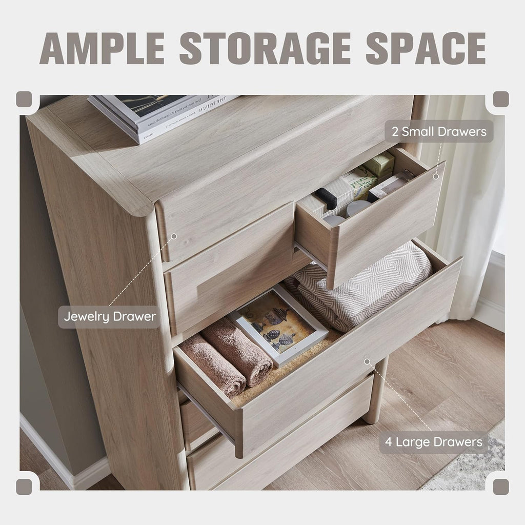 Modern 7 Drawers Dresser for Bedroom, 54.7" Tall Large Dresser & Chests of Drawers w/Rounded Corner, Wood Handleless Organizer Dresser w/Natural Texture for Bedroom, Living Room-Cream