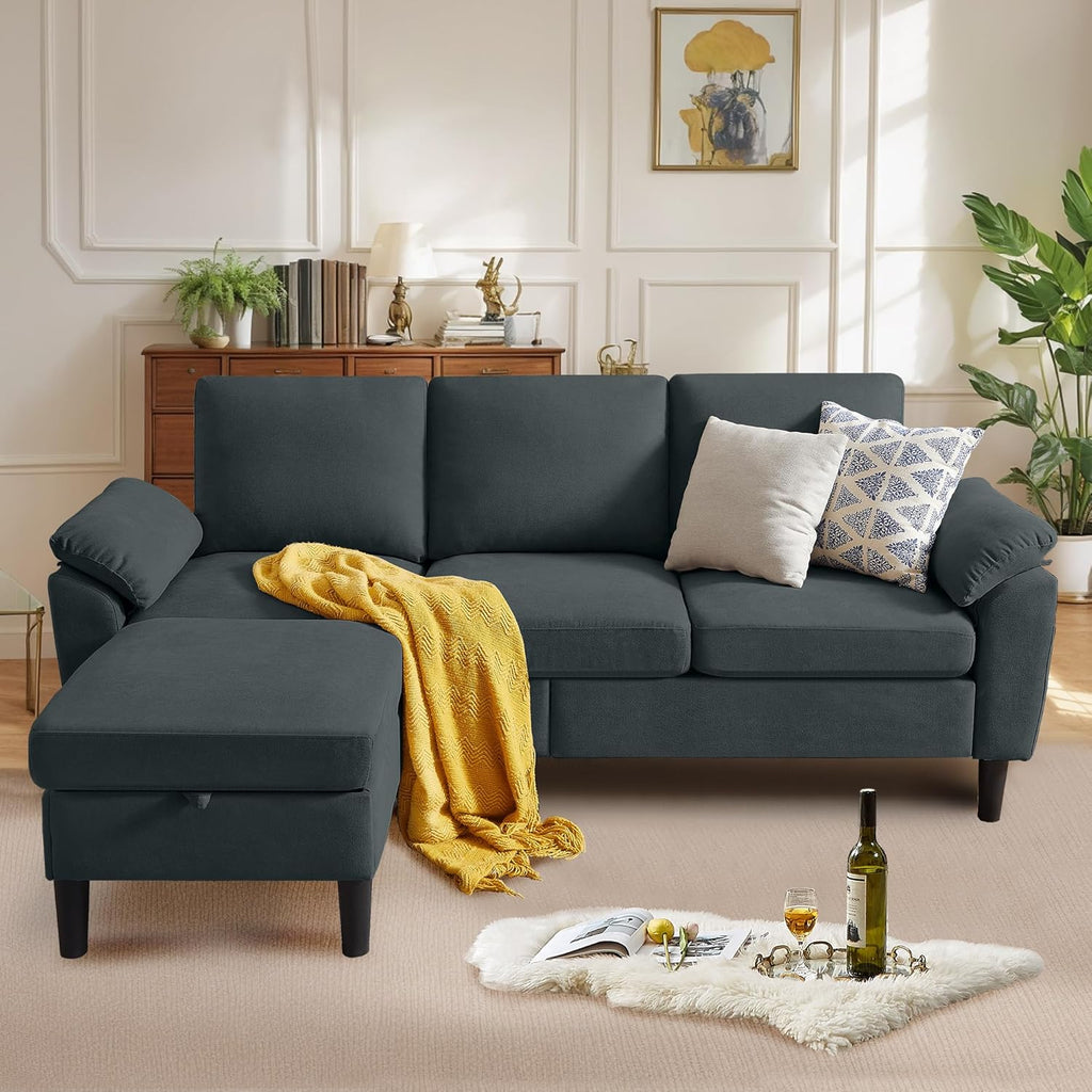 Convertible Sectional Sofa, Modern L Shaped 3-seat Sofa, 79" Linen Fabric Small Sectional Couch with Movable Ottoman, Couch for Small Spaces Living Room (Dark Grey)
