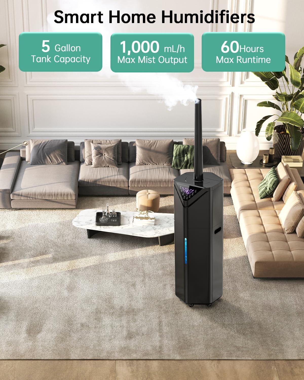 5Gal Humidifiers for Bedroom Large Room up to 2800ft², APP/Remote Control, 60H Supersized Cool Mist Humidifier with Auto 180°Mist Tube, 24H Timer, Top Fill Humidifiers for Home Office Plants