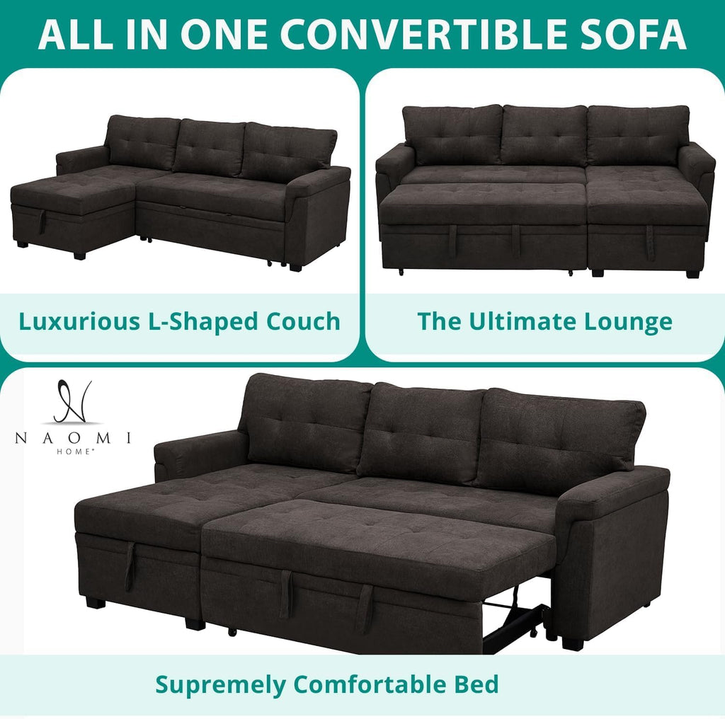 Multifunctional Sectional Sofa with Pull-Out Sleeper Bed & Hidden Storage – Reversible Chaise Espresso,Velvet – Space-Saving, Durable, Stylish & Easy DIY Assembly for Apartments & Small Homes