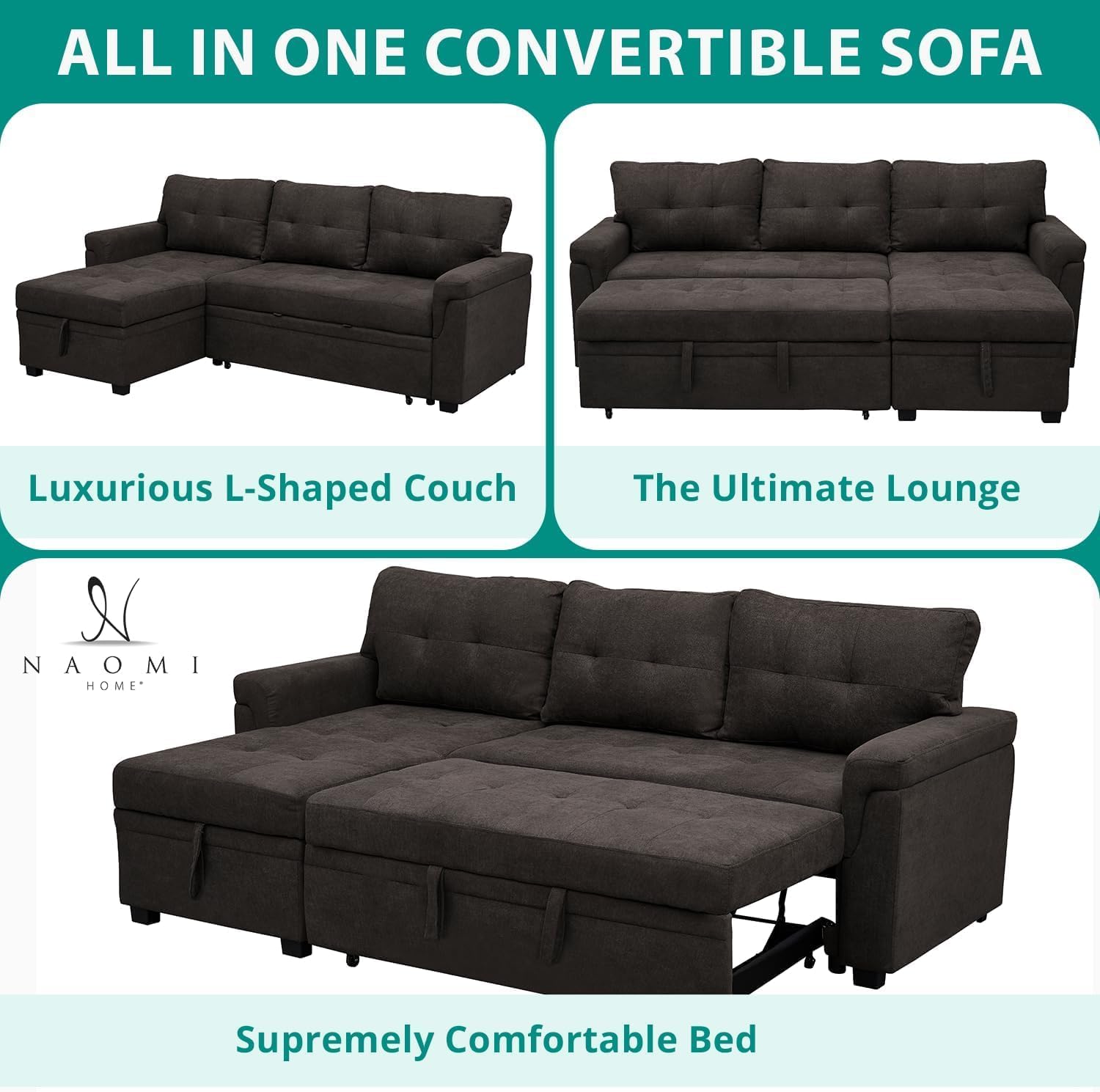 Multifunctional Sectional Sofa with Pull-Out Sleeper Bed & Hidden Storage – Reversible Chaise Espresso,Velvet – Space-Saving, Durable, Stylish & Easy DIY Assembly for Apartments & Small Homes