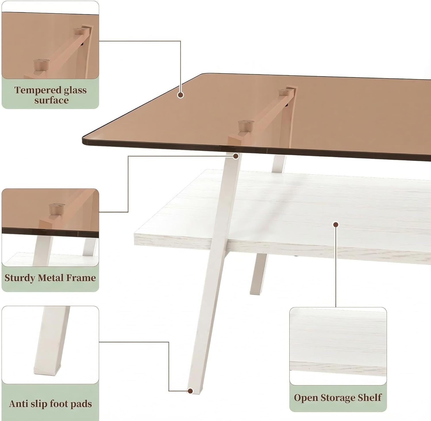 Casaphoria Rectangle Coffee Table, Modern Brown Tempered Glass Top Center Table with White Storage Shelf & Metal Legs, 2-Tier Living Room Furniture, 39 Inch, Easy Assembly
