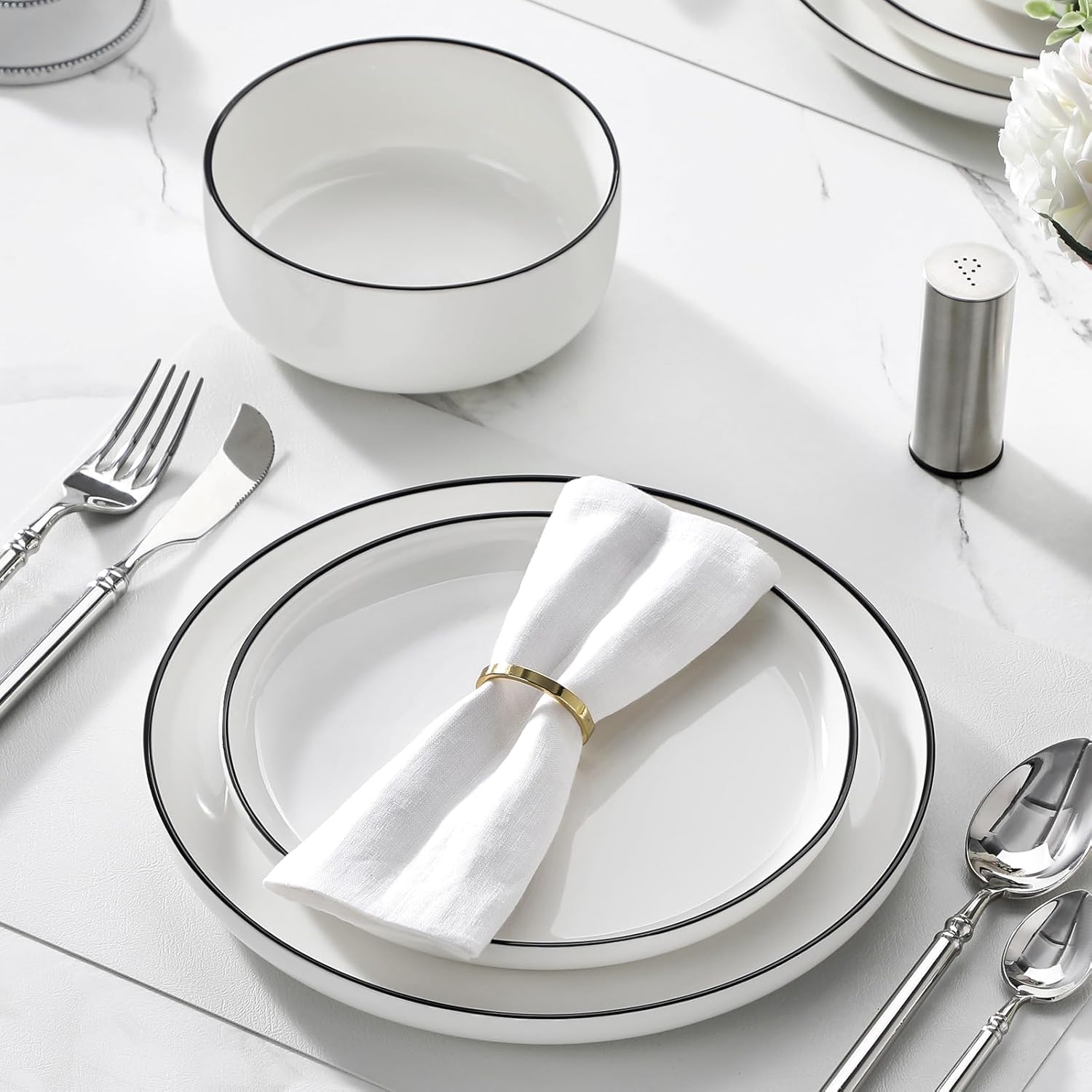 MALACASA Plates and Bowls Sets, 24 Pieces Modern Porcelain Dinnerware Set for 8 White Kitchen Dinner Dining Ware Set wtih Black Rim Ceramic Dishware Dishes Microwave and Dishwasher Safe, Series LUNA