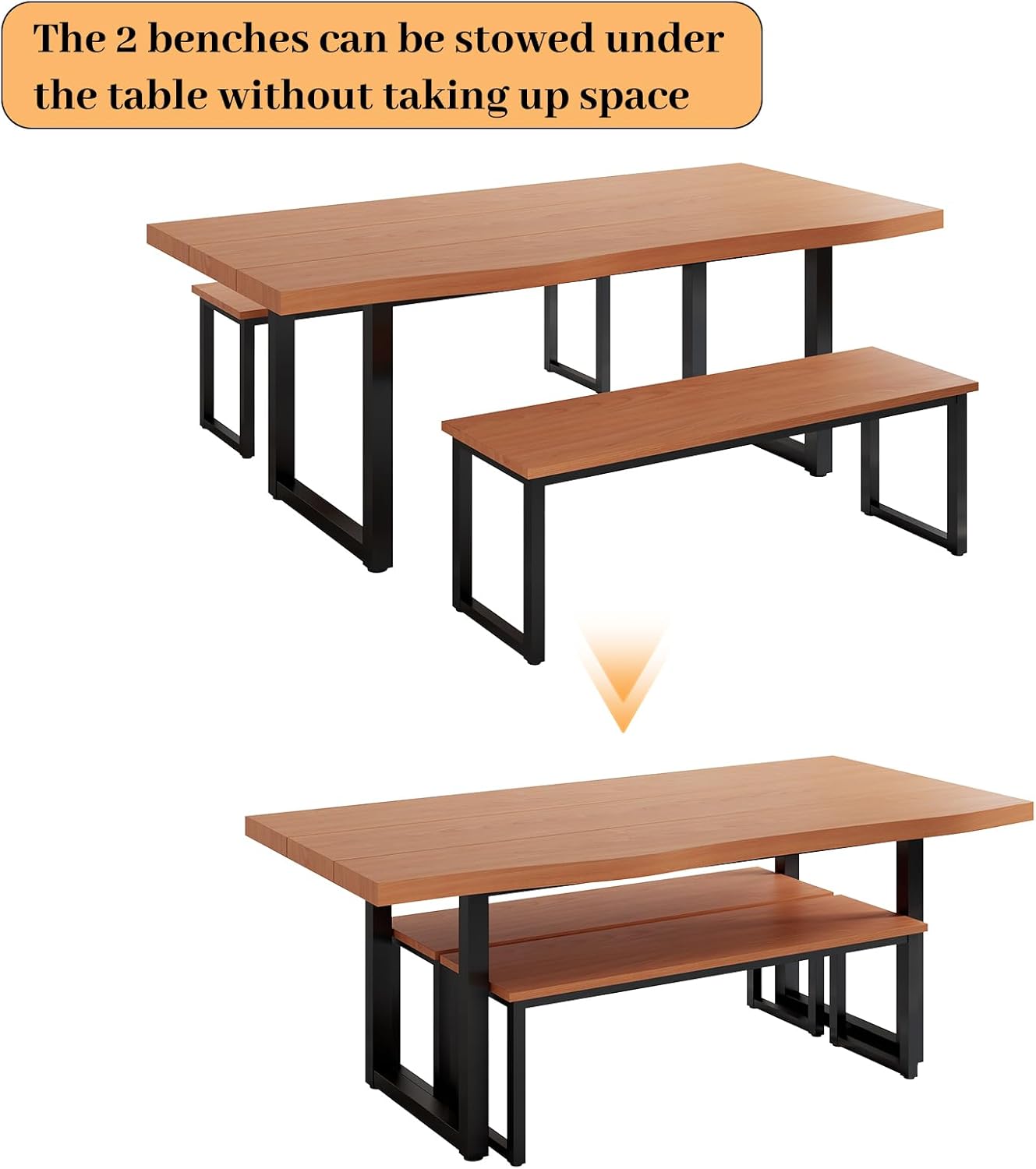 63" Dining Table with 2 Bench, Modern Kitchen Table Set for 4 to 6 Persons, Thickened MDF Wooden Table for Dining Room, Kitchen,Living Room