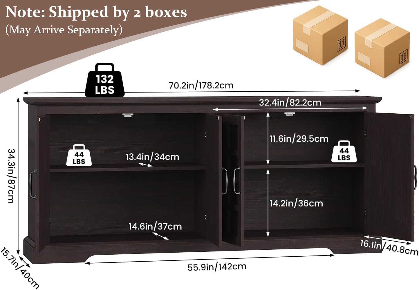70" Sideboard Buffet Cabinet with Storage, Coffee Bar Cabinet with and 4 Doors, Long Wider Storage Cabinet Modern Farmhouse, Brown Wood, for Kitchen, Dining Room, Living Room