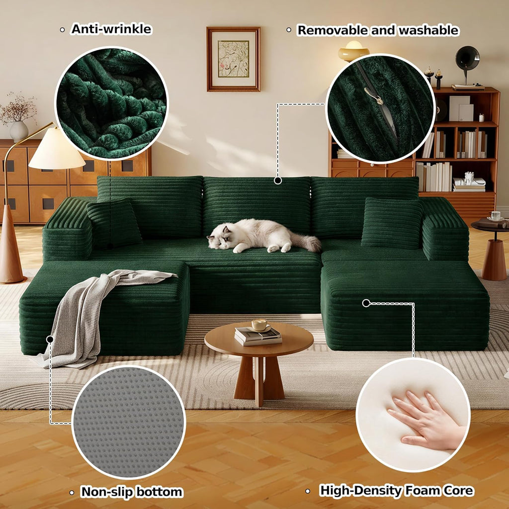 108.2" Modular Sectional Sofa with Deep Seat, Boneless U Shaped Corduroy Couch Modern Comfort, Cloud Couch Oversized for Living Room No Assembly (Green)