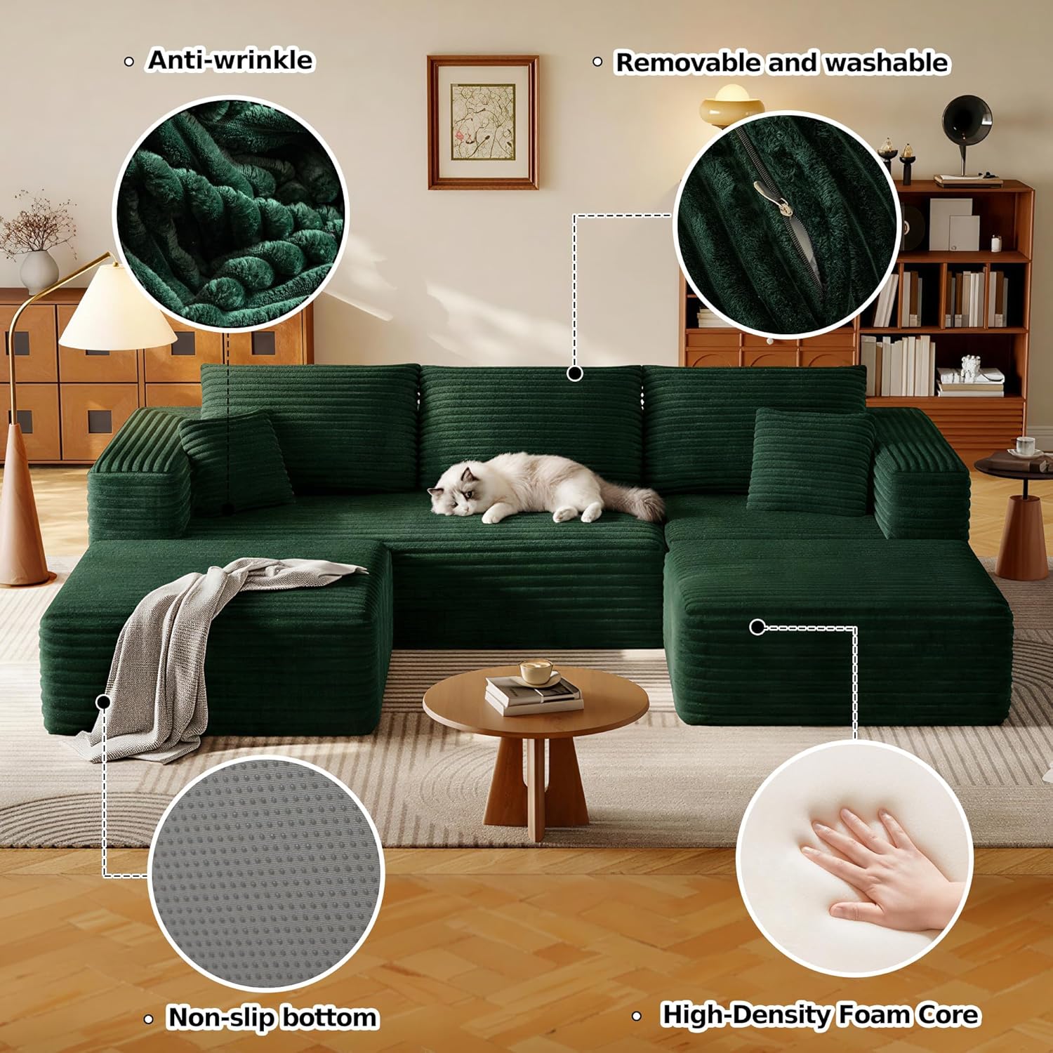 108.2" Modular Sectional Sofa with Deep Seat, Boneless U Shaped Corduroy Couch Modern Comfort, Cloud Couch Oversized for Living Room No Assembly (Green)