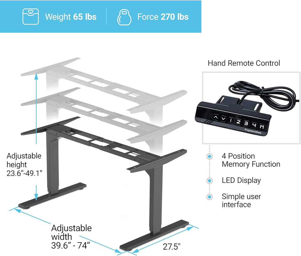 PROGRESSIVE AUTOMATIONS Electric Standing Desk Frame Dual Motor. Adjustable Height and Width, 3 Stages Legs for sit Stand Home Office desks suites Tops from 48" to 73" FLT-02 Black