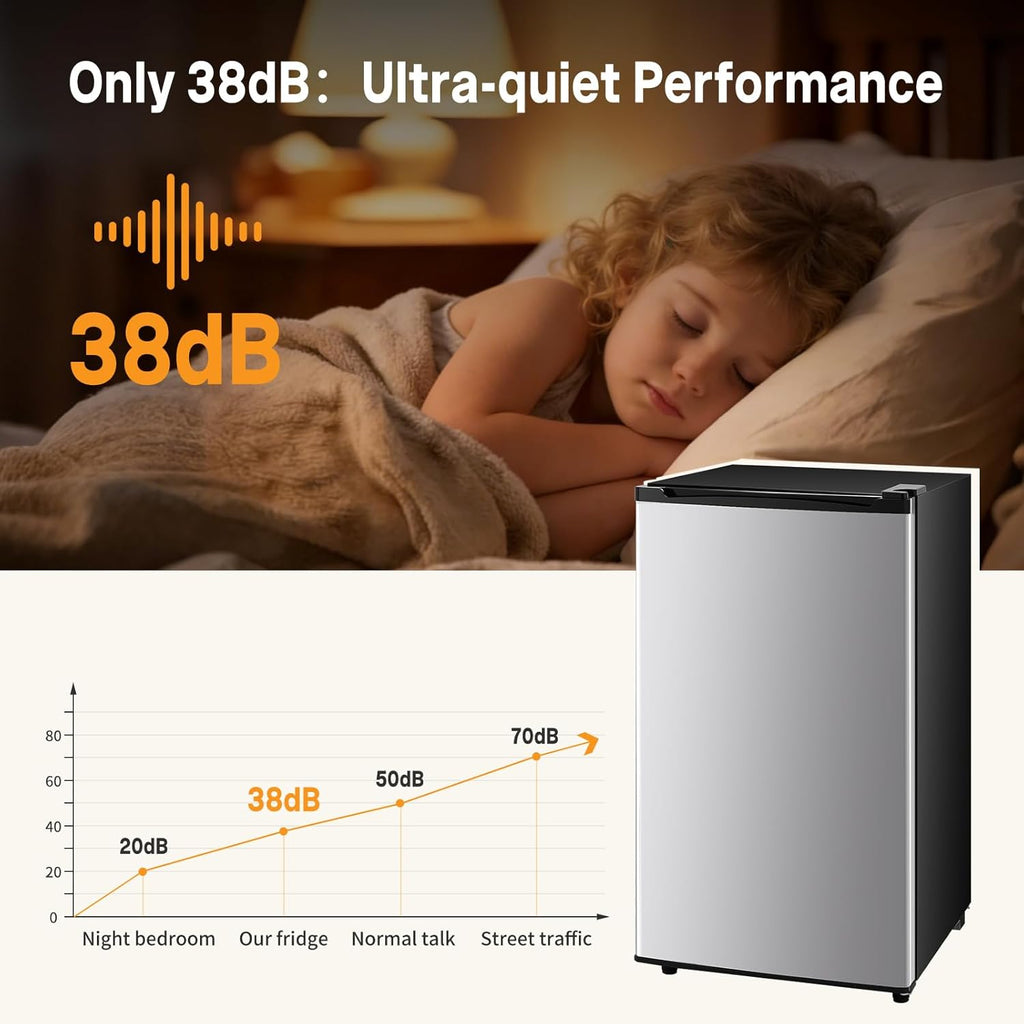 Mini Fridge with Freezer, 3.2 Cu.Ft Mini Refrigerators, Small Beverage Fridge with Adjustable Thermostat, for Bedroom, Office, Dorm, Single Door, Quiet & Energy Saving, Silver