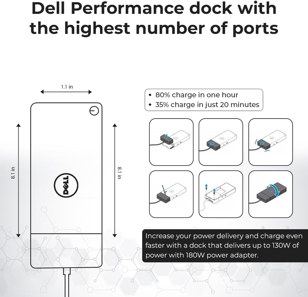 Dell WD19S Docking Station Dual Monitor Bundle - 180W  Supports 4K Display  Dell Dock with 180W Power Supply + Anyhdd 4K HDMI Cable + 4K DisplayPort Cable + USB-C Cable + Microfiber Cloth Included