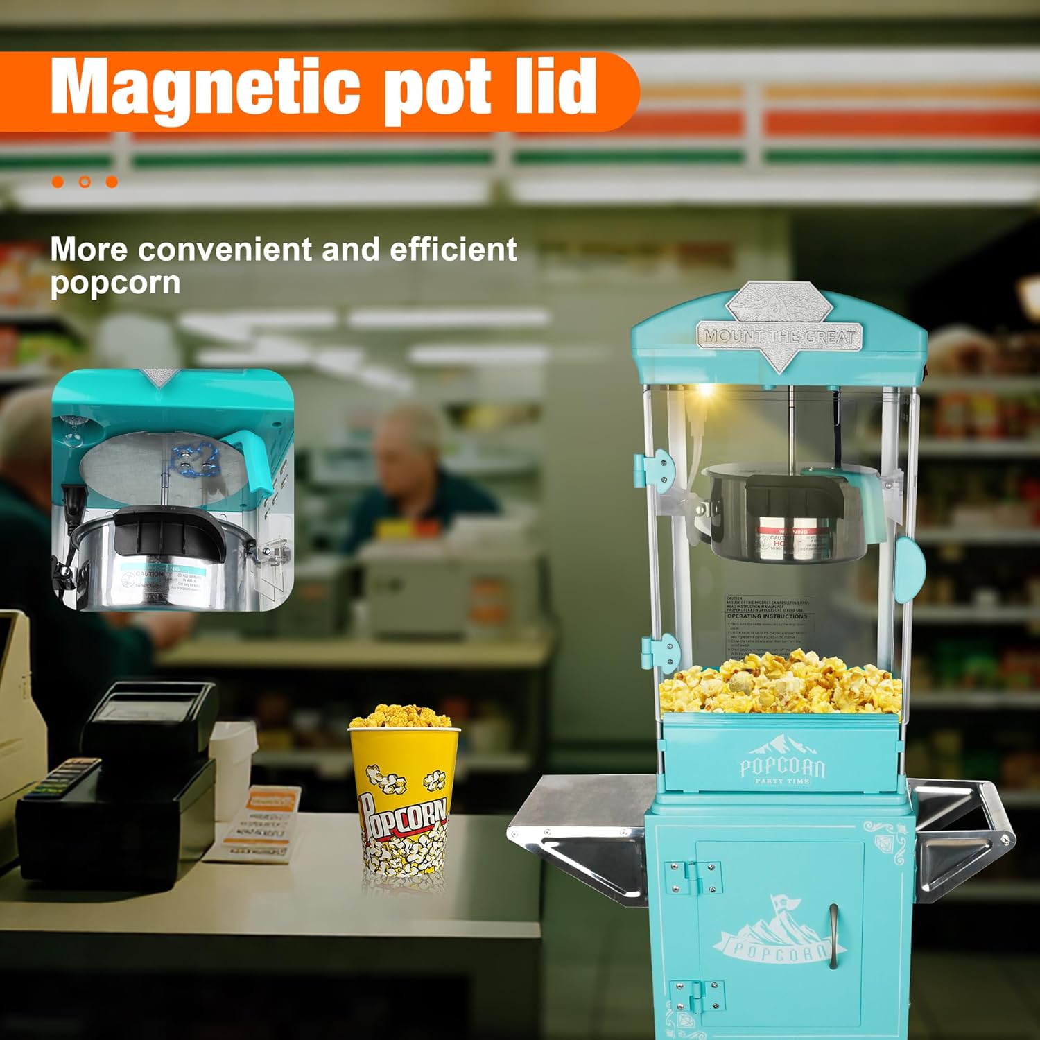 8 Oz Popcorn Machine with Cart (Cyan) - Vintage Popcorn Maker - One Touch Operation, Makes Up to 30 Cups for Movie Nights, Party, Events