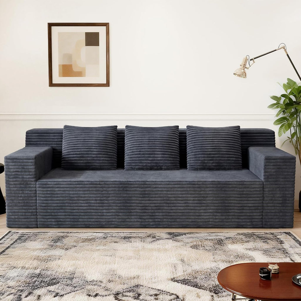 71" Corduroy Living Room Sofa, 3 Setaser Deep Seat Couch with 3 Lumbar Pillows, Comfy Boneless Sofa Modern Compressed Couch for Bedroom, Office, Apartment, No Assembly, Flat Armrests (Dark Grey)