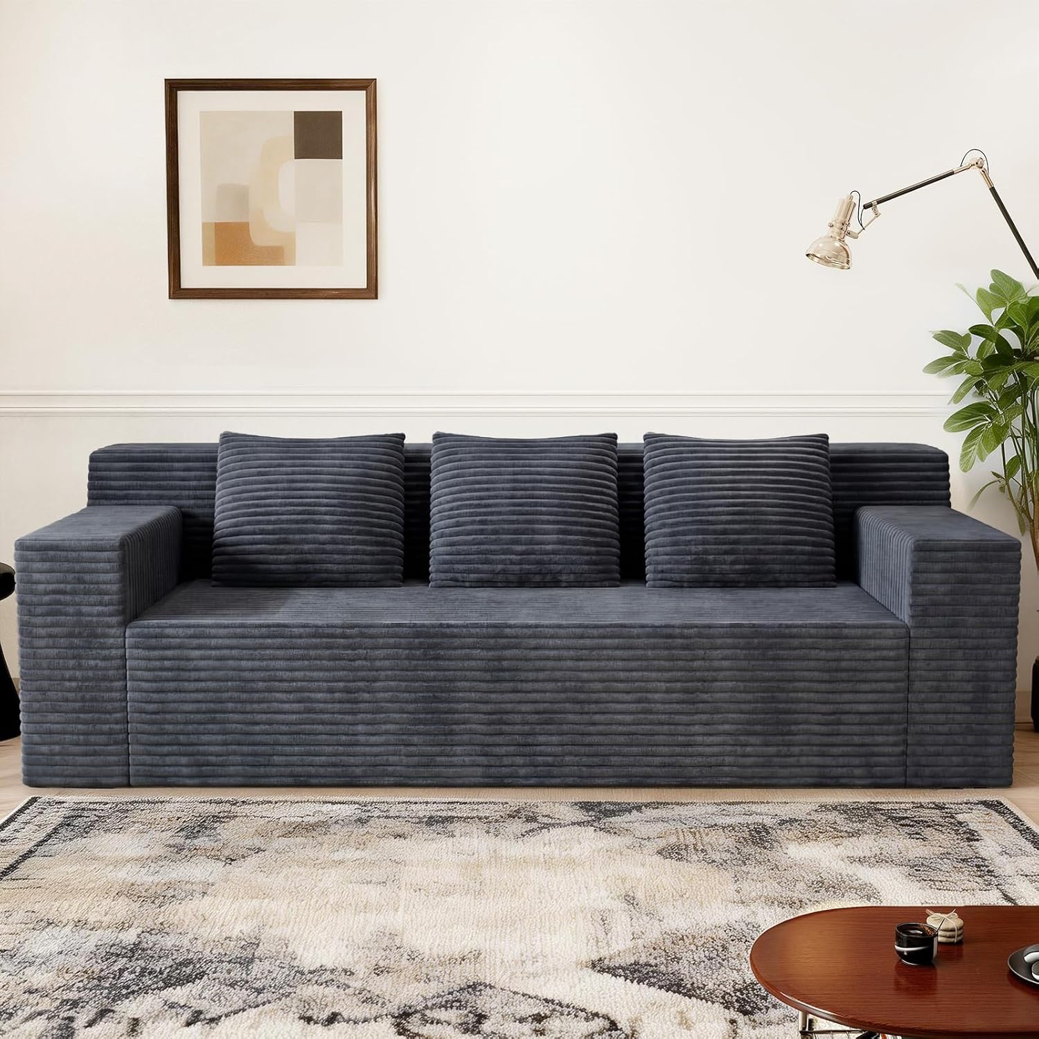 71" Corduroy Living Room Sofa, 3 Setaser Deep Seat Couch with 3 Lumbar Pillows, Comfy Boneless Sofa Modern Compressed Couch for Bedroom, Office, Apartment, No Assembly, Flat Armrests (Dark Grey)